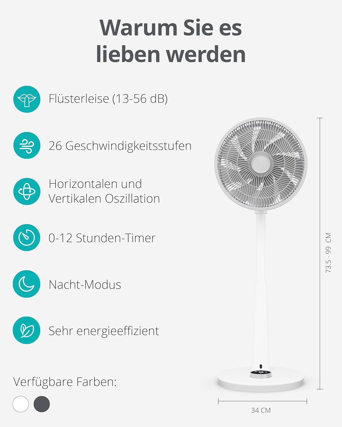 Duux Whisper 2 Standventilator Leise - Sparsamer DC-Motor mit 26 Geschwindigkeiten - Ventilator Höhenverstellbar (73-95cm) - Horizontale + Vertikale Oszillation - Weiß