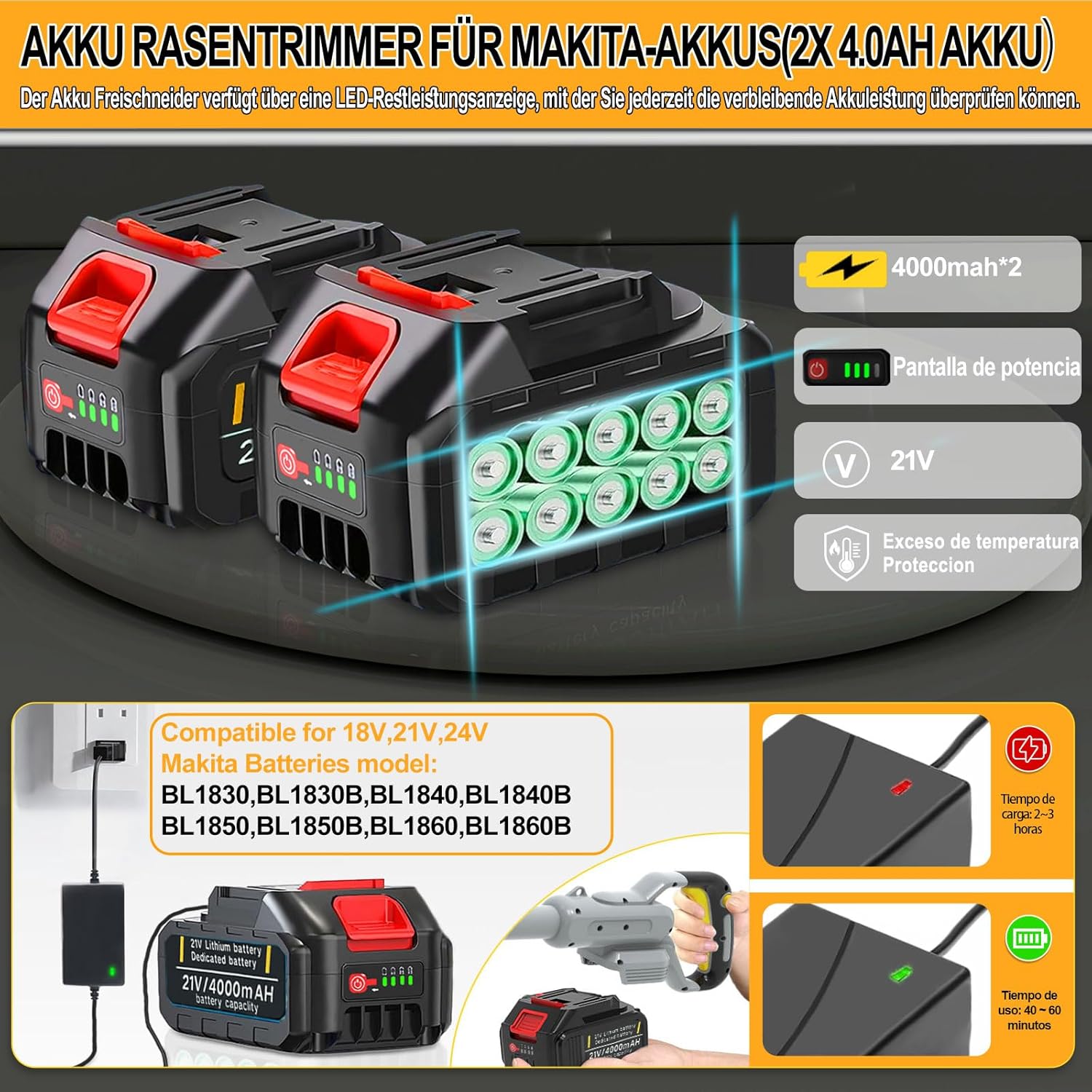 Akku Rasentrimmer mit Akku und Unkrautbürste 4 in 1 Freischneider mit Unkrautbürste 21V Bürstenloser Freischneider, Elektro Motorsense mit 2 Akku 4.0Ah und Ladegerät Teleskop, Verstellbarer, Orange