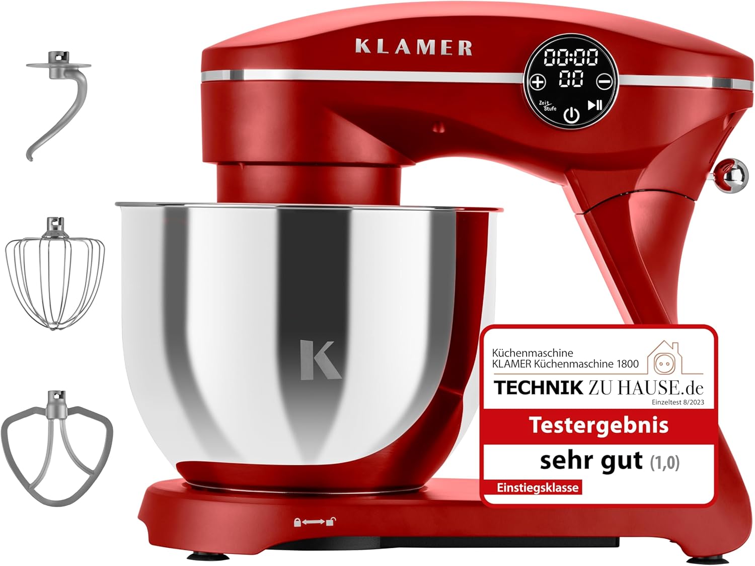 KLAMER Küchenmaschine 1800W, Knetmaschine mit 6 Liter Edelstahl Schüssel, 10 Geschwindigkeitsstufen mit Timer, Rührbesen, Knethaken, Schneebesen und Spritzschutz