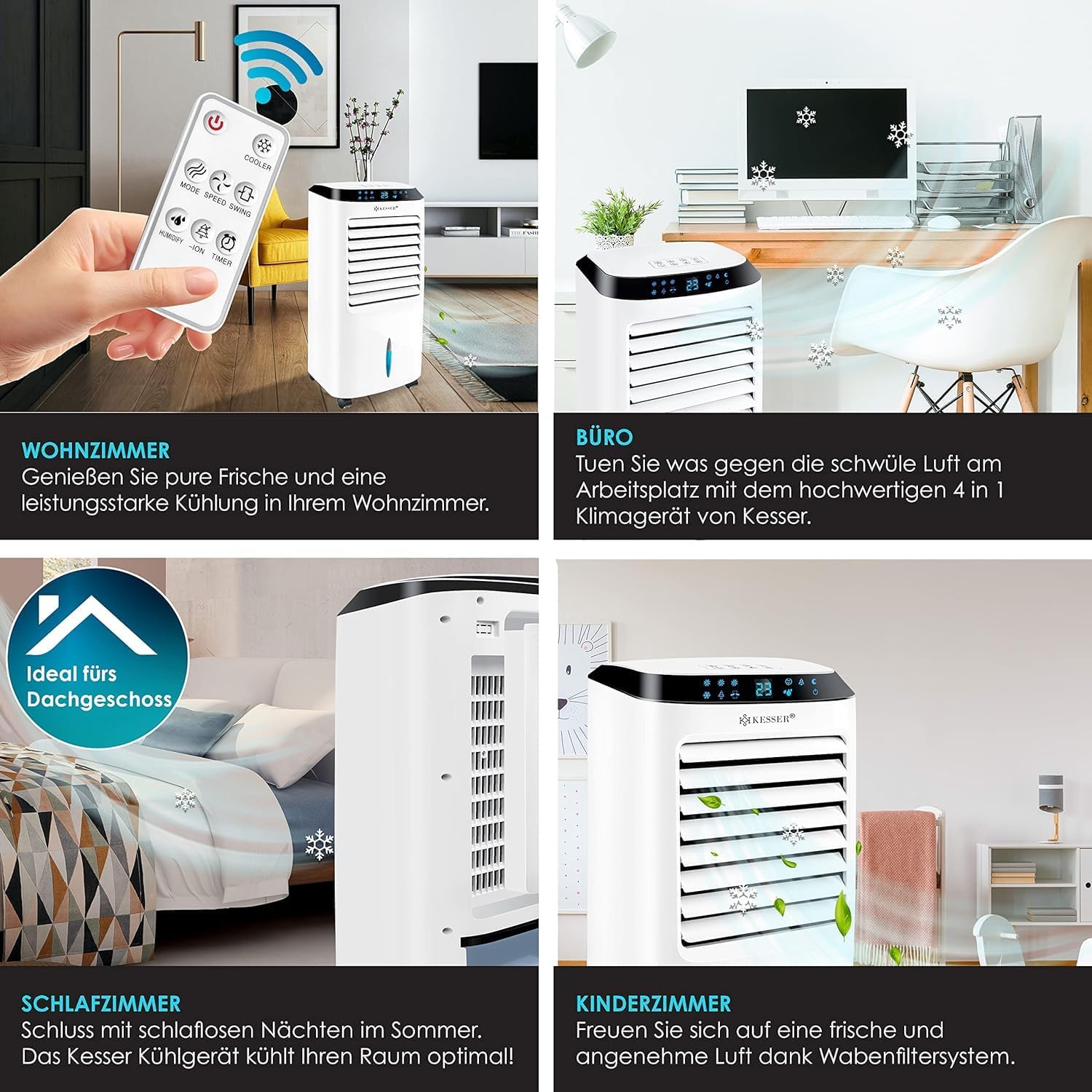 KESSER 4in1 Mobile Klimaanlage | Fernbedienung | Klimagert | Ventilator Klimaanlage | Timer | 3 Stufen | Ionisator Luftbefeuchter | Luftkühler |