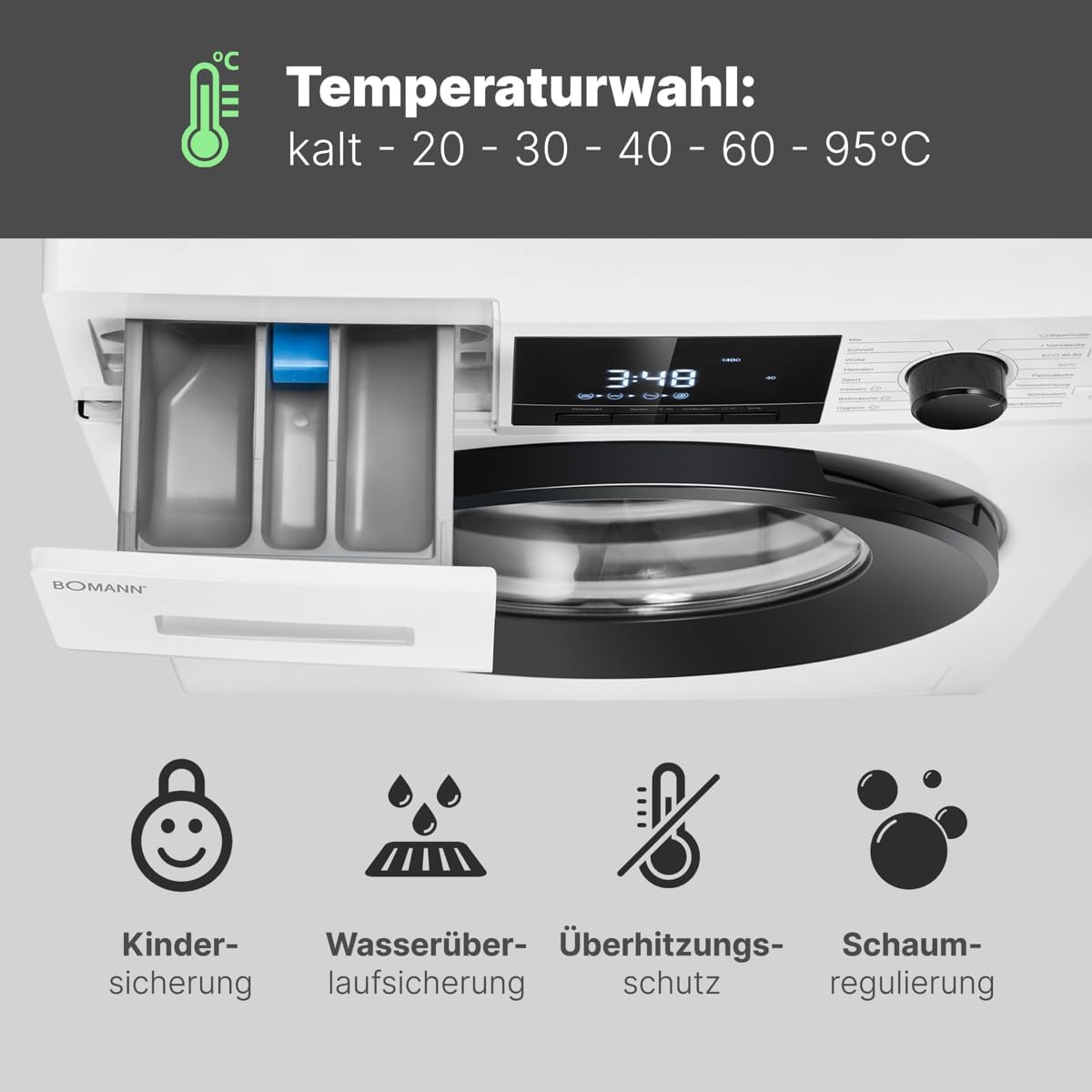 Bomann® Waschmaschine 10kg | max. 1400 U/min | 10 Jahre Motor-Garantie | effizienter, leiser & langlebiger Invertermotor | 15 Programme | Endzeitvorwahl | LED-Display | Washing Machine WA 7110