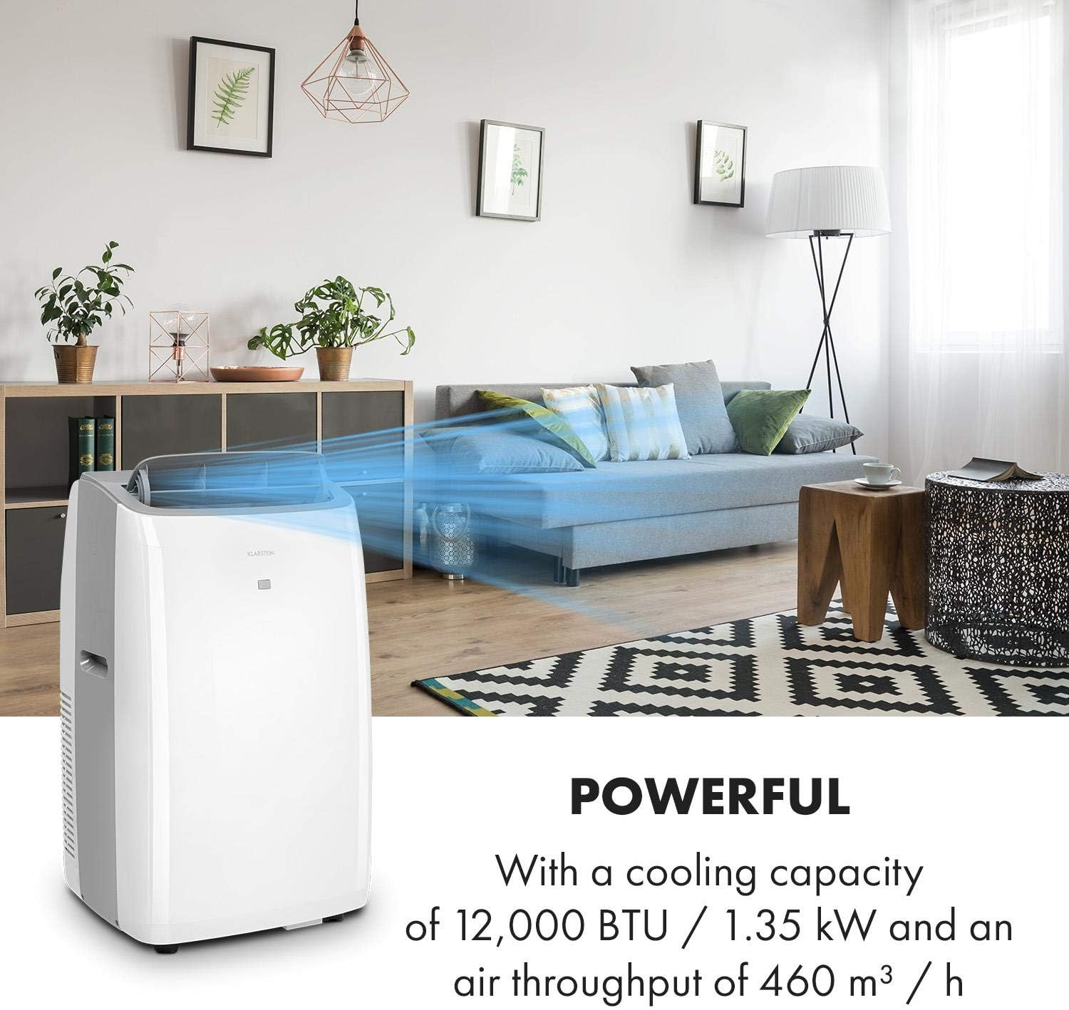 KLARSTEIN Grandbreeze Pro 14K – Mobiles Klimagerät, Luftentfeuchter, Ventilator, 3 Geschwindigkeiten, 14000 BTU/1,65 kW, Raum: 42 bis 68 m², Durchfluss: 460 m³/h, CEE A – Weiß Klimaanlage