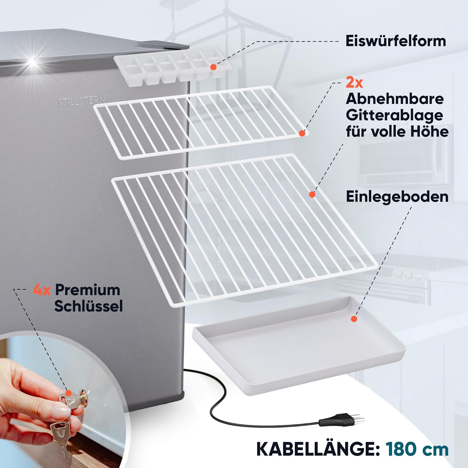 Stillstern Mini Gefrierschrank (42L) -18°C, Eiswürfelschale, Schloss, Türanschlag wechselbar, 4-Sterne Tiefkühlschrank für Camping/Büro Gefriertruhe Klein Gefrierschrank Klein Tiefkühltruhe