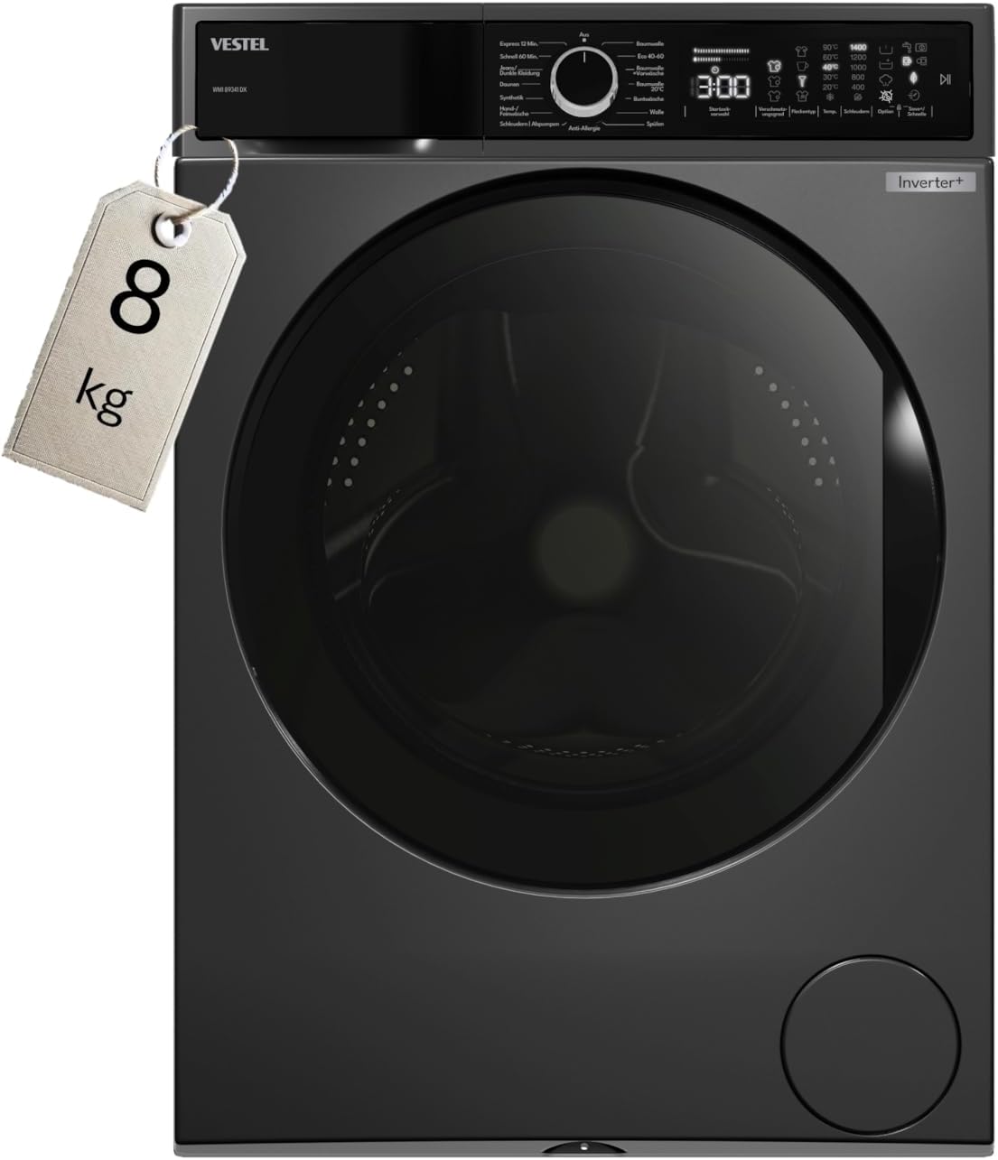 VESTEL WMI 89341 DX Waschmaschine Frontlader, 8 kg, 1400 U/min, Inverter-Motor, Dampf, AquaStop+Switch, Dark Inox