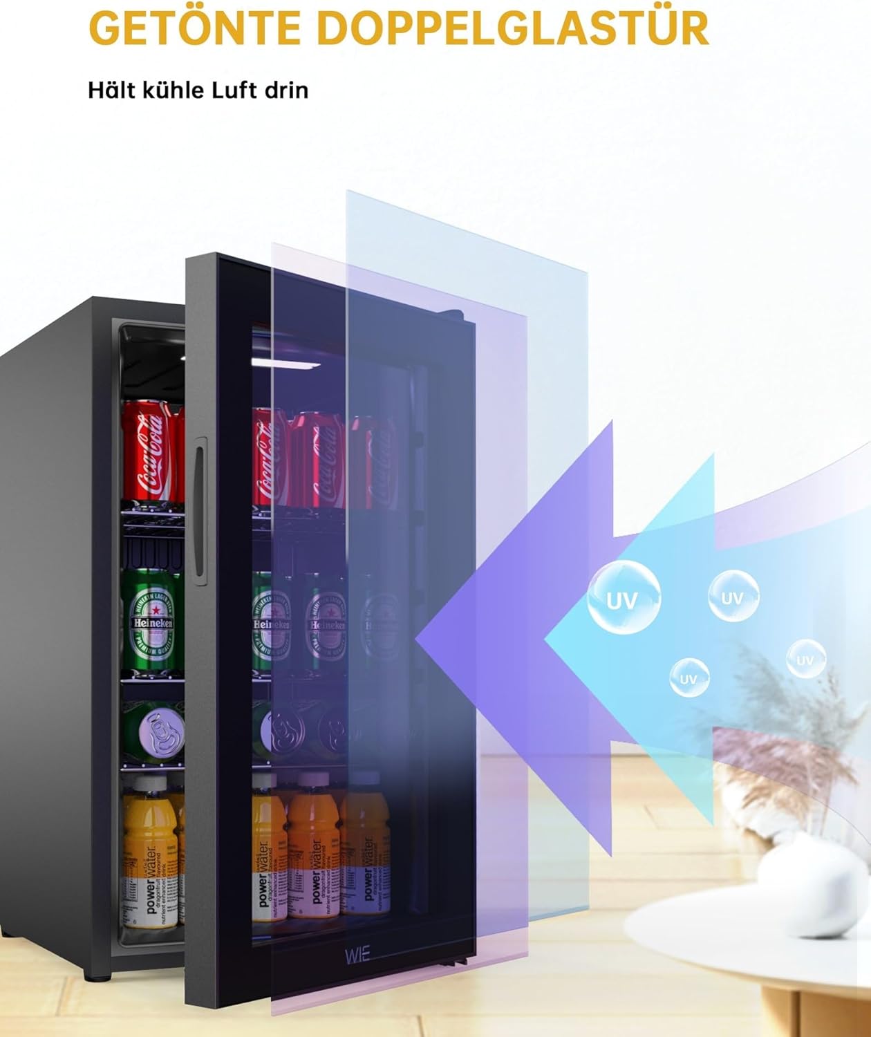 WIE Getränkekühlschrank Mini Kühlschrank mit Doppelte Glastür mit Verstellbaren Ablagen Indoor Outdoor Klein Bierkühlschrank Wendetür Leise 86 Liter 120 Dosen für Soda/Bier für Zuhause/Küche/Bar/Büro