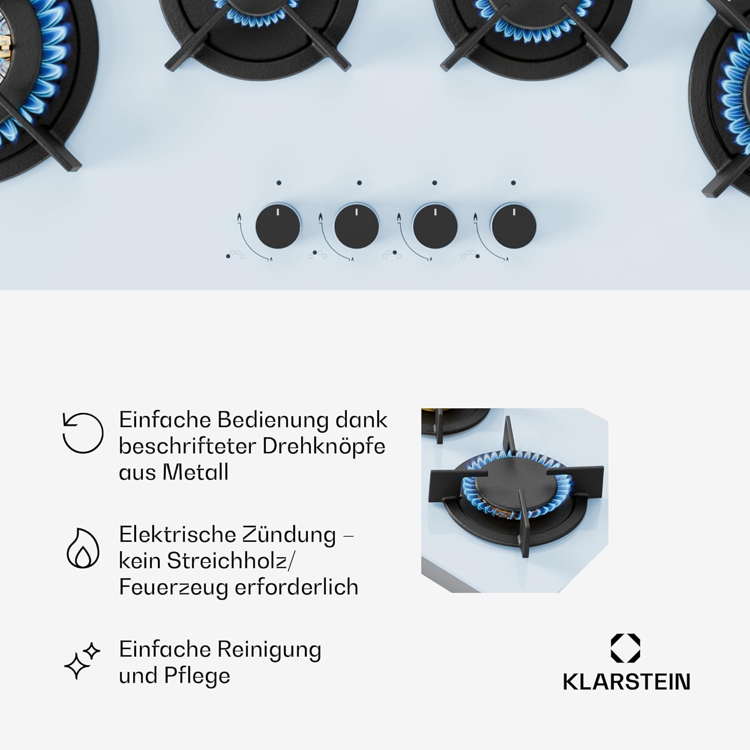Klarstein Gasherd, Gaskochfeld 5 Flammen, Einbau-Gaskocher für Zuhause & Wohnmobil, Campingkocher mit Glasplatte, Gasherd für Propan- und Erdgas, Edelstahl Gas-Herdplatte Wok Brenner 10400 Watt