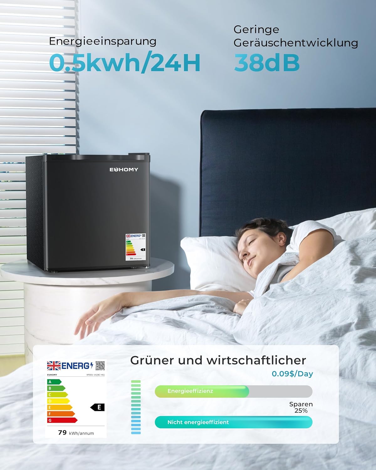 EUHOMY 46L Mini-Kühlschrank mit Umkehrbarer Tür, 7-Stufen Thermostat + Kühlbox, 39dB Ultra-Leise Kühlschrank klein für Schlafzimmer/Büro, Energieeffizient, Kompakt (Schwarz)