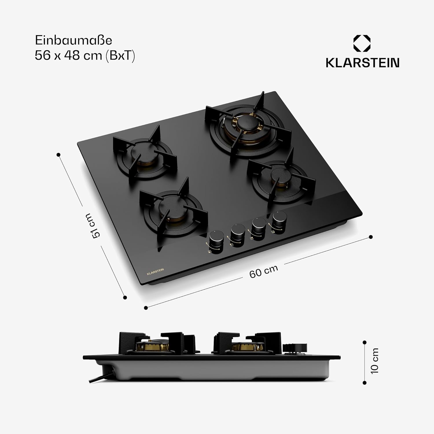 Klarstein Gasherd, Gaskochfeld 5 Flammen, Einbau-Gaskocher für Zuhause & Wohnmobil, Campingkocher mit Glasplatte, Gasherd für Propan- und Erdgas, Edelstahl Gas-Herdplatte Wok Brenner 10400 Watt