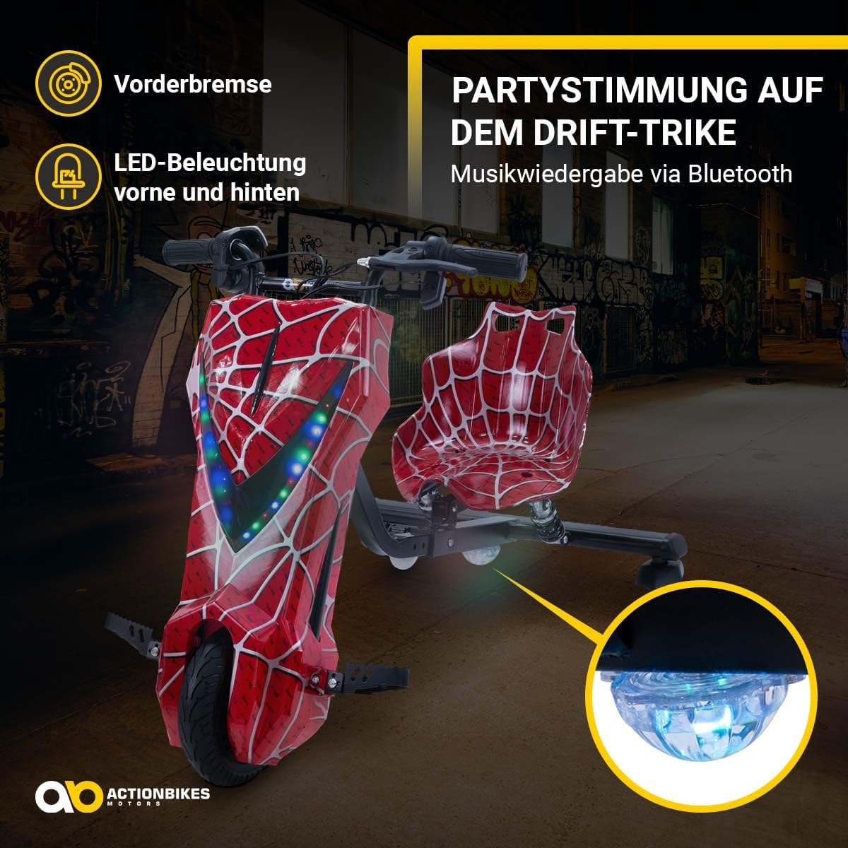 Actionbikes Motors Kinder Elektro Driftscooter | 𝟐𝟓𝟎 Watt Motor - Drift Cart 360°- 3 Geschwindigkeitsstufen - LED-Beleuchtung - Sitz verstellbar - Bluetooth - Drift Kart - Drift Auto (Space Purple)