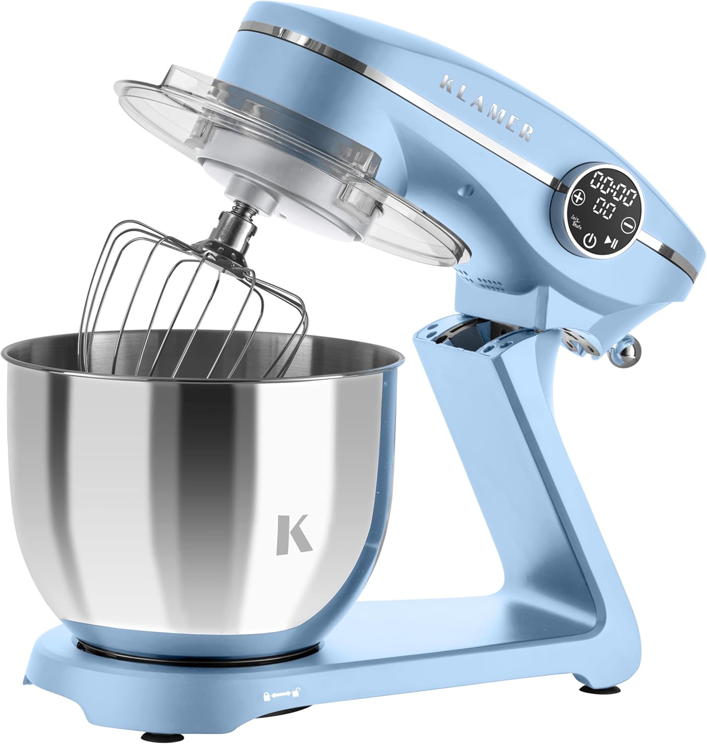 KLAMER Küchenmaschine 1800W, Knetmaschine mit 6 Liter Edelstahl Schüssel, 10 Geschwindigkeitsstufen mit Timer, Rührbesen, Knethaken, Schneebesen und Spritzschutz