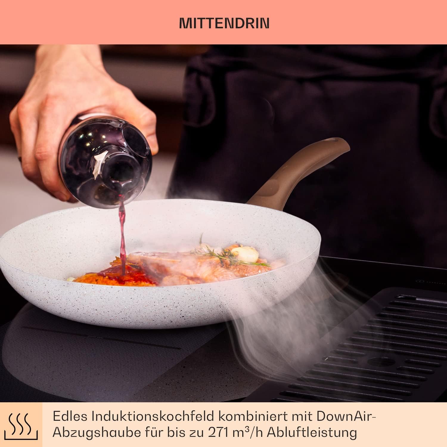 Klarstein 2-in-1 Induktionskochfeld mit Dunstabzug, Induktionskochfeld mit Abluft & Ventilator, 4-Zonen-Kochfeld, Glaskeramik-Einbauherd, Kochfeld mit Dunstabzug, Energieklasse A, 654m³/h Luftstrom