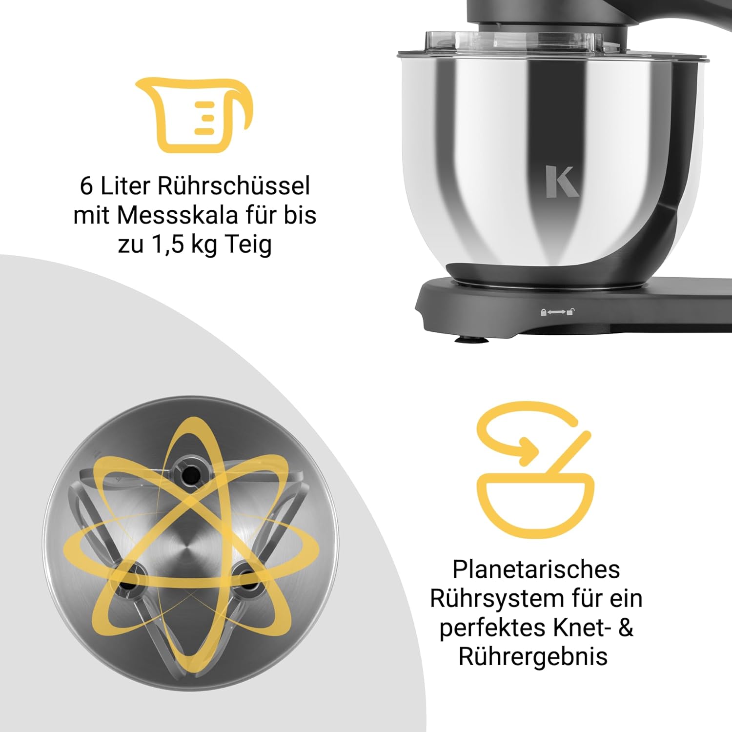 KLAMER Küchenmaschine 1800W, Knetmaschine mit 6 Liter Edelstahl Schüssel, 10 Geschwindigkeitsstufen mit Timer, Rührbesen, Knethaken, Schneebesen und Spritzschutz