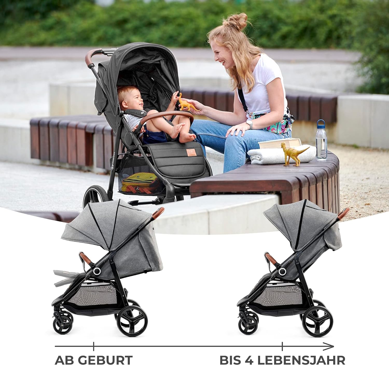 Kinderkraft GRANDE PLUS Kinderkraft buggy von Geburt bis 22 kg, Zusammenklappen mit einer Hand, Liegeposition, großes Verdeck mit Fenster, alle 4 Räder gedämpft, geräumige Sitz, Grau