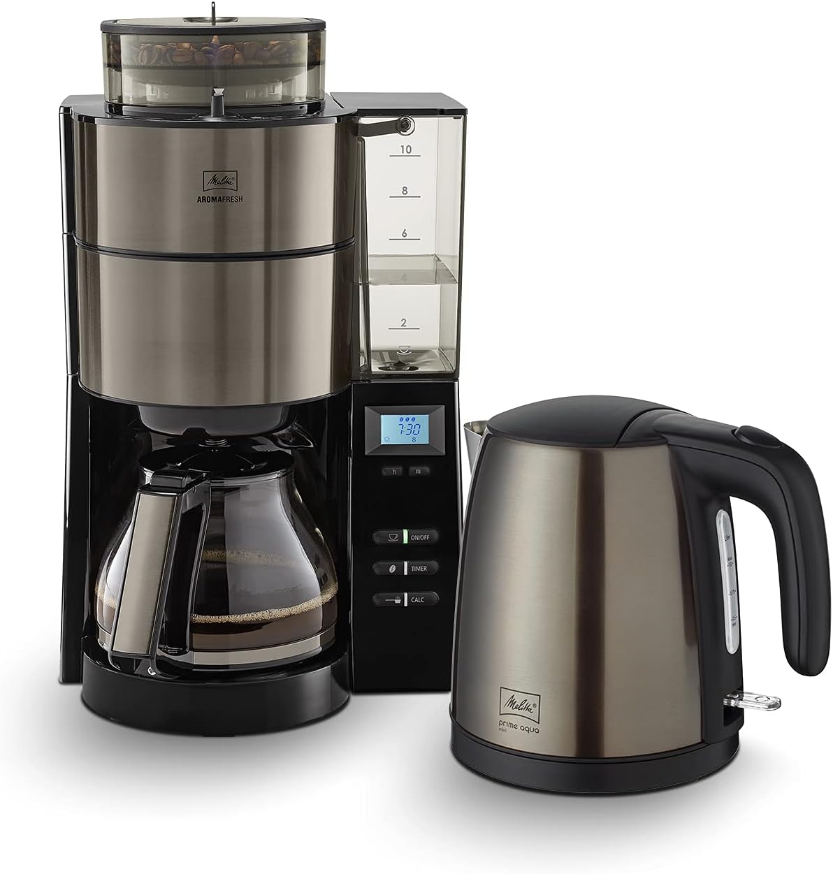 Melitta AromaFresh - Filterkaffeemaschine - mit Glaskanne - integriertes Mahlwerk - Timer Funktion - 10 Tassen - Pure Black