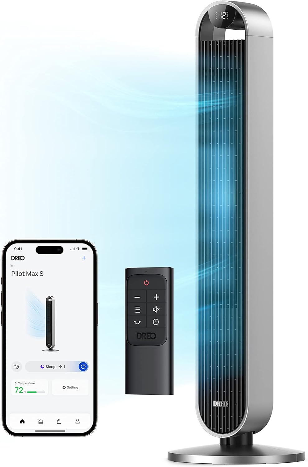 Dreo 25dB leiser Smart Turmventilator mit Sprachsteuerung, WiFi Alexa Ventilator, APP Steuerung, 120° Oszillierender Standventilator, 12 Geschwindigkeiten, 4 Modi, 12-Stund-Timer, Pilot Max S