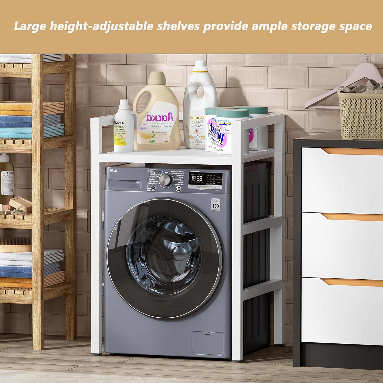 MSFE Regal über Waschmaschine,Höhenverstellbarer Wäschetrocknerständer,Lagerregal über der Waschmaschine, Tragfähigkeit 350 kg,für Waschmaschine und Trockner,73 * 64 * 110cm,Patentiertes Produkt