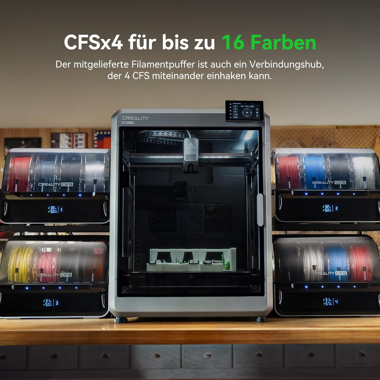 Creality K2 Plus Combo 3D-Drucker, 16-Farben Multimaterial-Druck, 350³mm XXL-Bauraum, Servo-Direktantrieb, Dual-KI-Kameras, Ultra-Leise <45dB, Aktive Heizkammer, RFID/WLAN (Industrie 4.0)