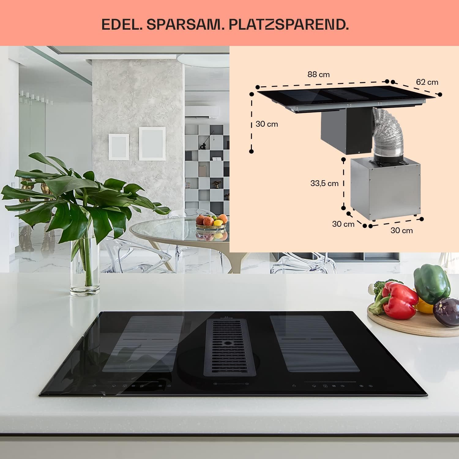 Klarstein 2-in-1 Induktionskochfeld mit Dunstabzug, Induktionskochfeld mit Abluft & Ventilator, 4-Zonen-Kochfeld, Glaskeramik-Einbauherd, Kochfeld mit Dunstabzug, Energieklasse A, 654m³/h Luftstrom