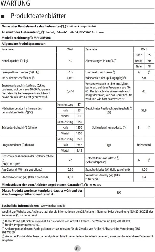Midea MF10EW80B Waschmaschine / 8kg / 1400 U/Min/EEK A/Inverter Quattro Moto/Dampffunktion/Grosse Trommel/Slim Design/Nachlegefunktion/Kindersicherung/AquaStop, Weiß