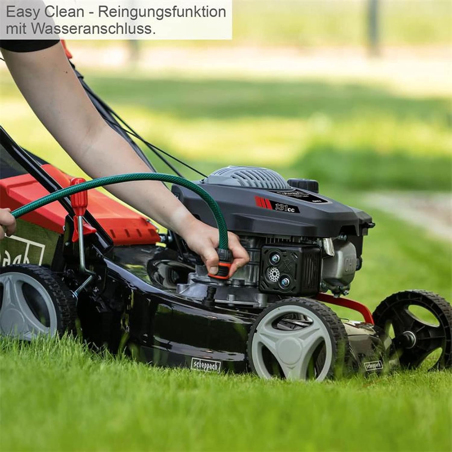 Scheppach Rasenmäher RM420 | 3in1-3,4PS | Schnittbreite 420mm | 45L Fangkorb | Schnitthöhenverstellung 25-75 mm | inkl. Motoröl