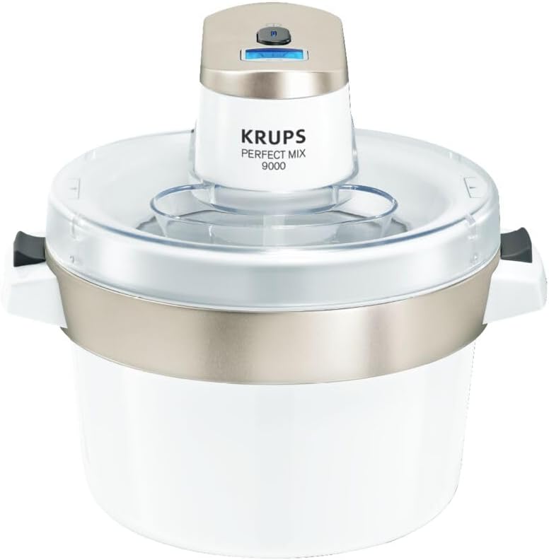 Krups GVS241 Eismaschine Venice Perfect Mix | 1L hausgemachtes Eis, Sorbet, Frozen Jogurth | Ohne Kompressor | Inklusive Rezeptheft und Silikonlöffel | Digitalanzeige und Signalton, Weiß