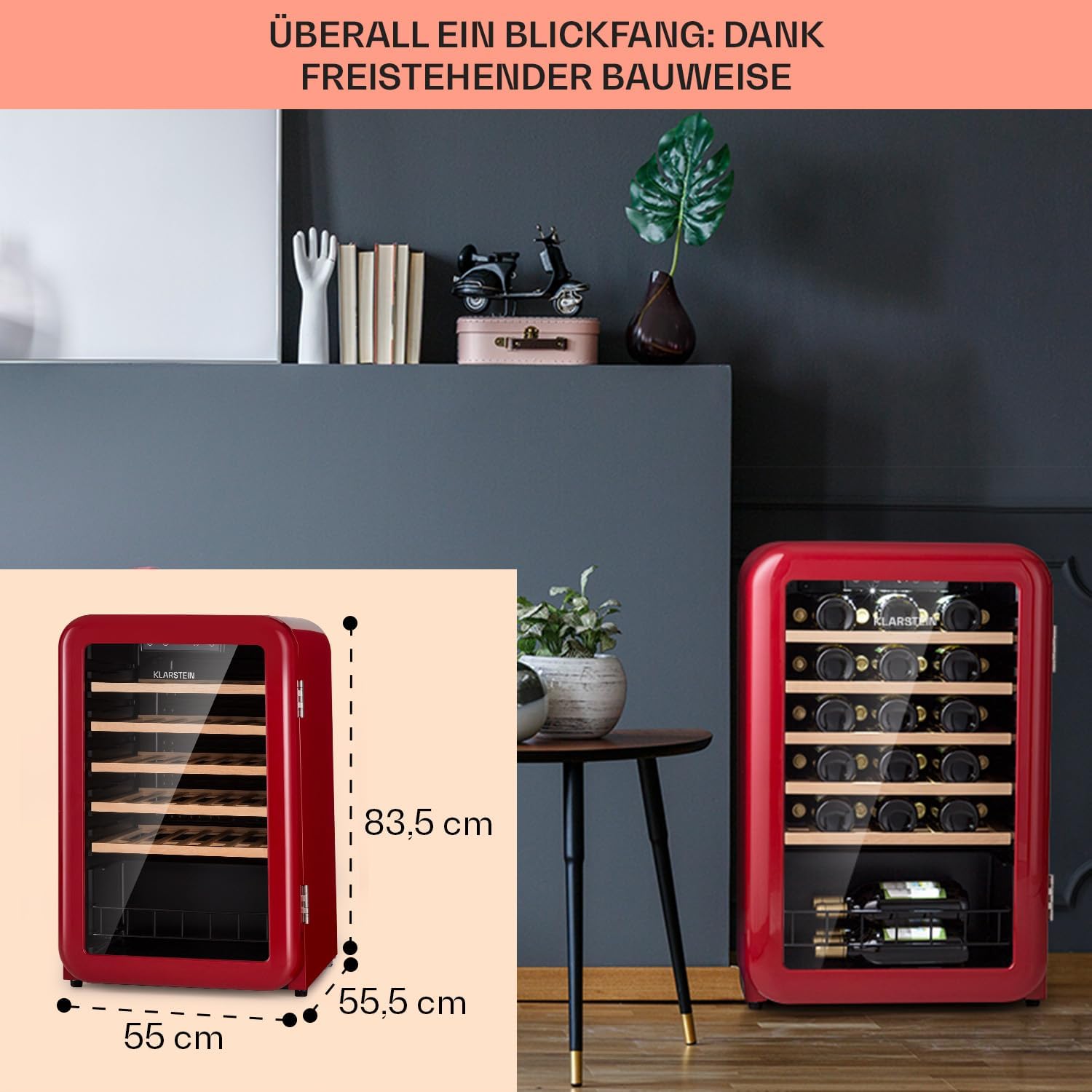 Klarstein Weinkühlschrank, Getränkekühlschrank Schmal, Kühlschrank mit Glastür, Getränkekühlschränke Freistehend, Weinkühlschrank Klein, Weinkühlschränke 1 Zone, UV-Schutz, 4-22 °C, 19 Flaschen