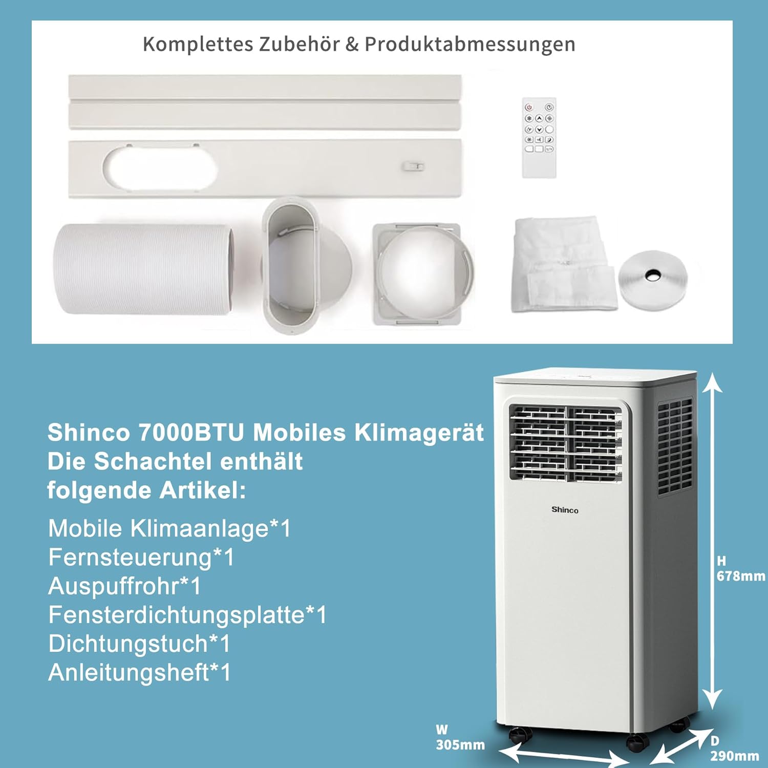 SHINCO Mobile Klimaanlage mit Abluftschlauch, 12000BTU, Kühlung&Heizung&Ventilieren&Entfeuchten, Mobiles Klimagert mit Fenstermontage-Kit, 24H-Timer, APP, für Rume von etwa 90m