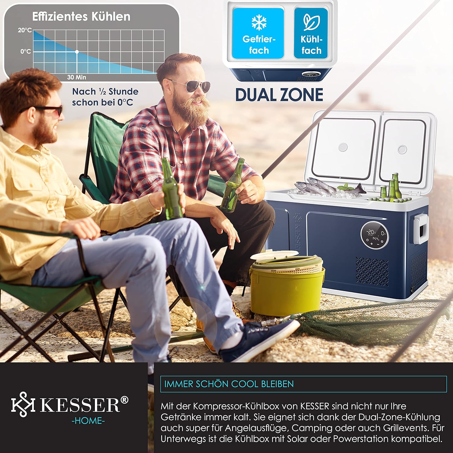KESSER® Kompressor Kühlbox 2in1 Doppelzone Kühl & Gefrierfach elektrische Gefrierbox mit 2x Kühlakkus & LED-Touch-Bedienung | Kühlschrank Kühlung bis -20 °C für Camping, Auto, Lkw 12/24V 230V