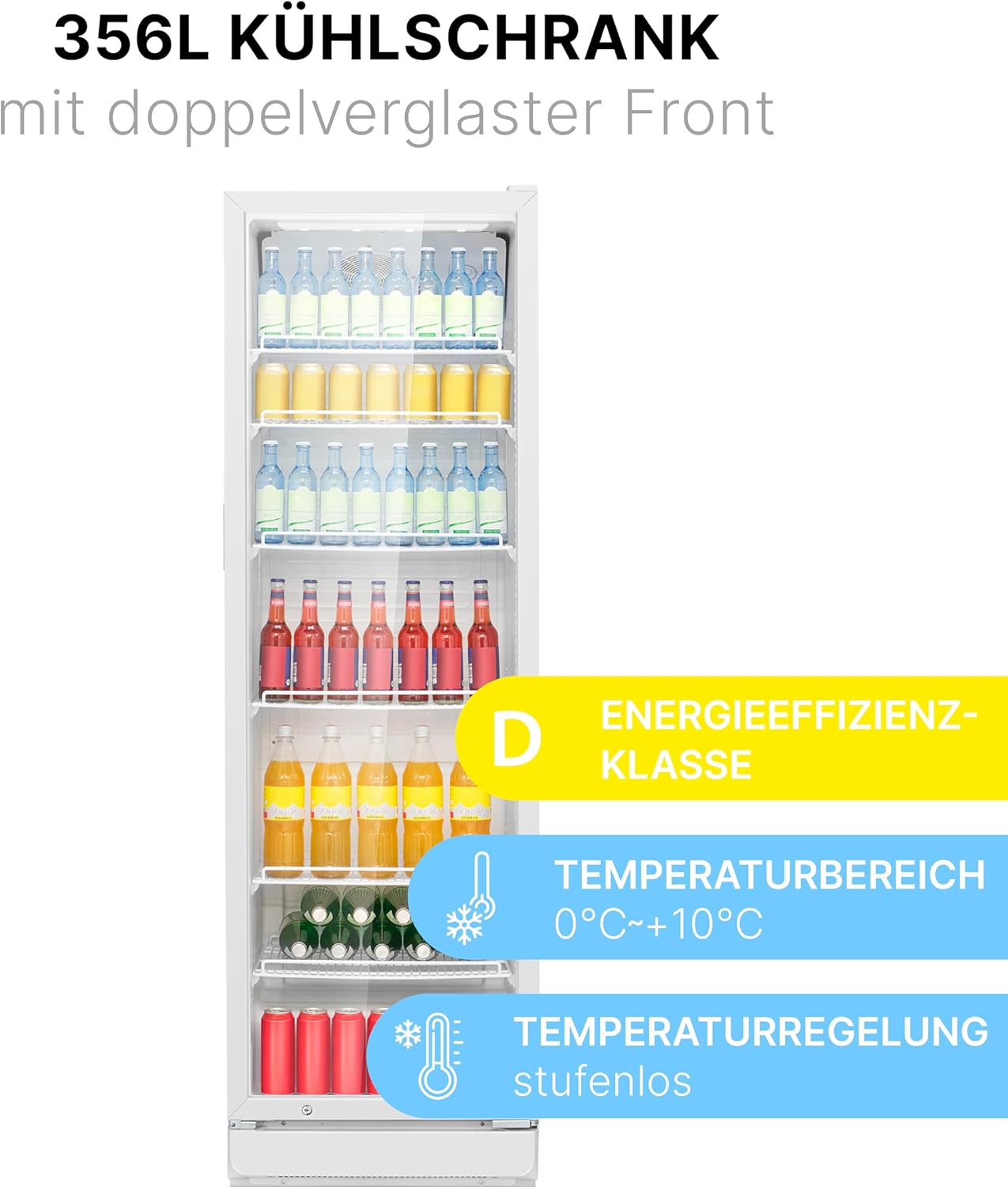 Bomann Kühlschrank mit Glastür | Getränkekühlschrank abschließbar | 6 höhenverstellbare Ablagen | 30kg je Ablage | 347 Liter | Kühlschrank groß | Flaschenkühlschrank m. LED-Licht | KSG 7351 schwarz