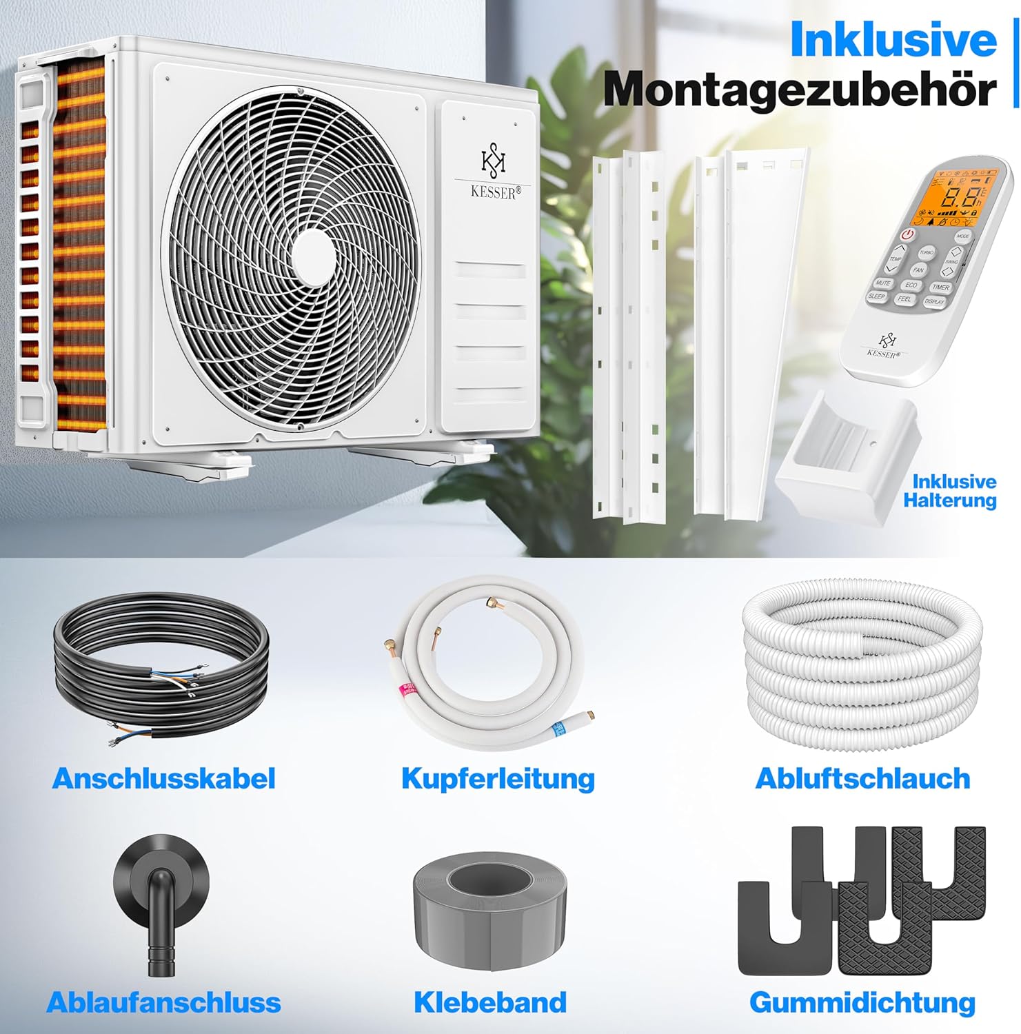 KESSER® Klimaanlage Set Split - mit WiFi/App Funktion Klimagerät - Kühlen A++/ Heizen A+ - 9000 BTU/h (2.600 Watt) Kältemittel R32 - Fernbedienung, Timerfunktion - Inkl. komplettem Montagematerial