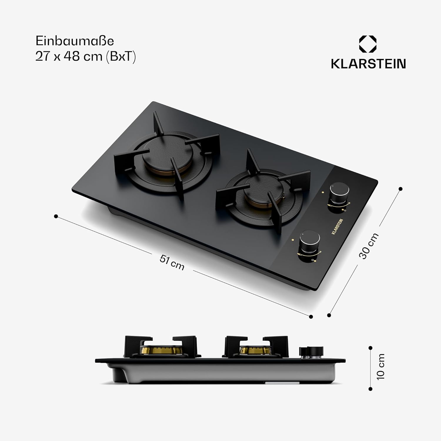 Klarstein Gasherd, Gaskochfeld 4 Flammig, Einbau-Gaskocher für Zuhause & Wohnmobil, Campingkocher mit Glasplatte, Gasherd für Propan- und Erdgas, Edelstahl Gas-Herdplatte Wok Brenner 8000 Watt