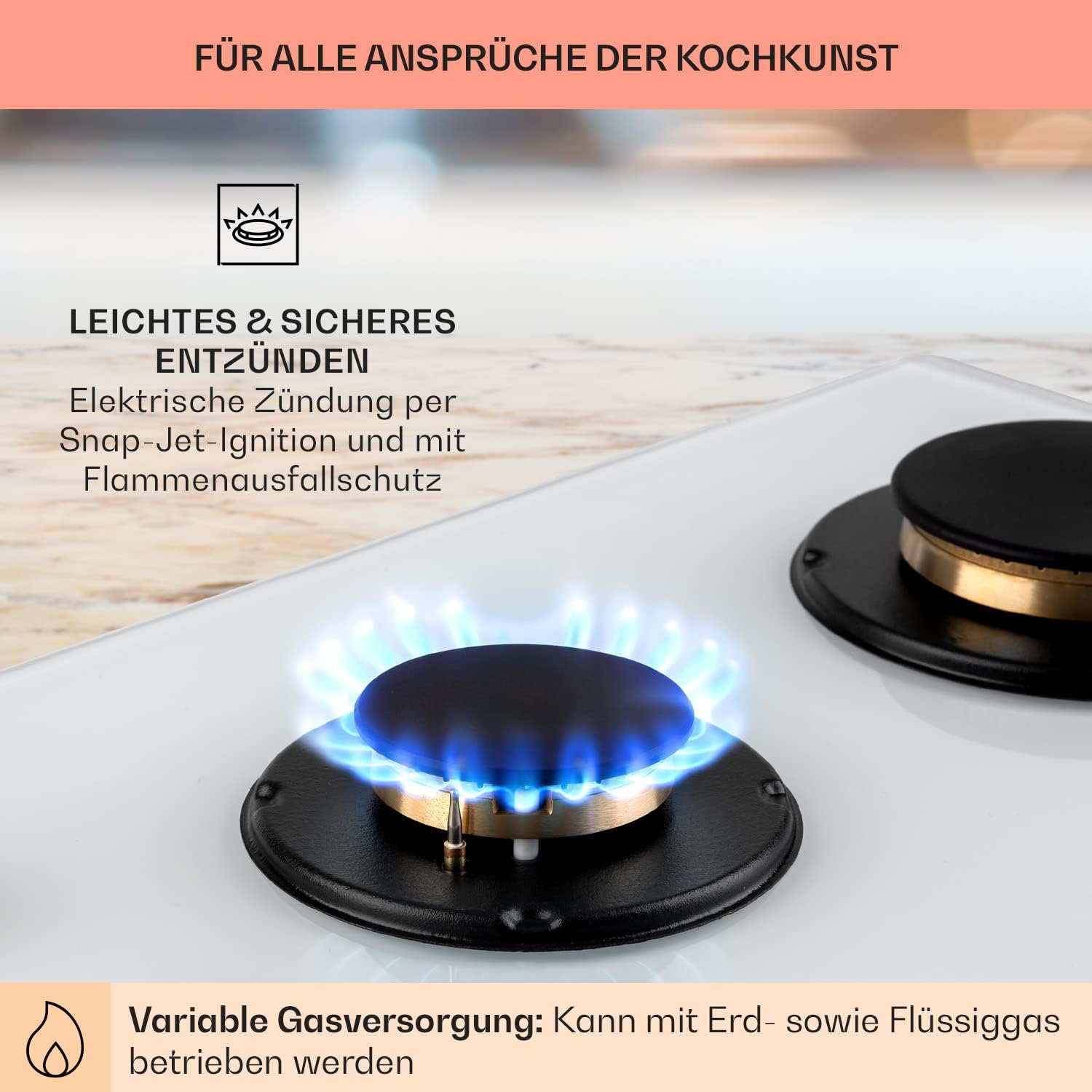 Klarstein Gasherd, Gaskochfeld 4 Flammig, Einbau-Gaskocher für Zuhause & Wohnmobil, Campingkocher mit Glasplatte, Gasherd für Propan- und Erdgas, Edelstahl Gas-Herdplatte Wok Brenner 8000 Watt