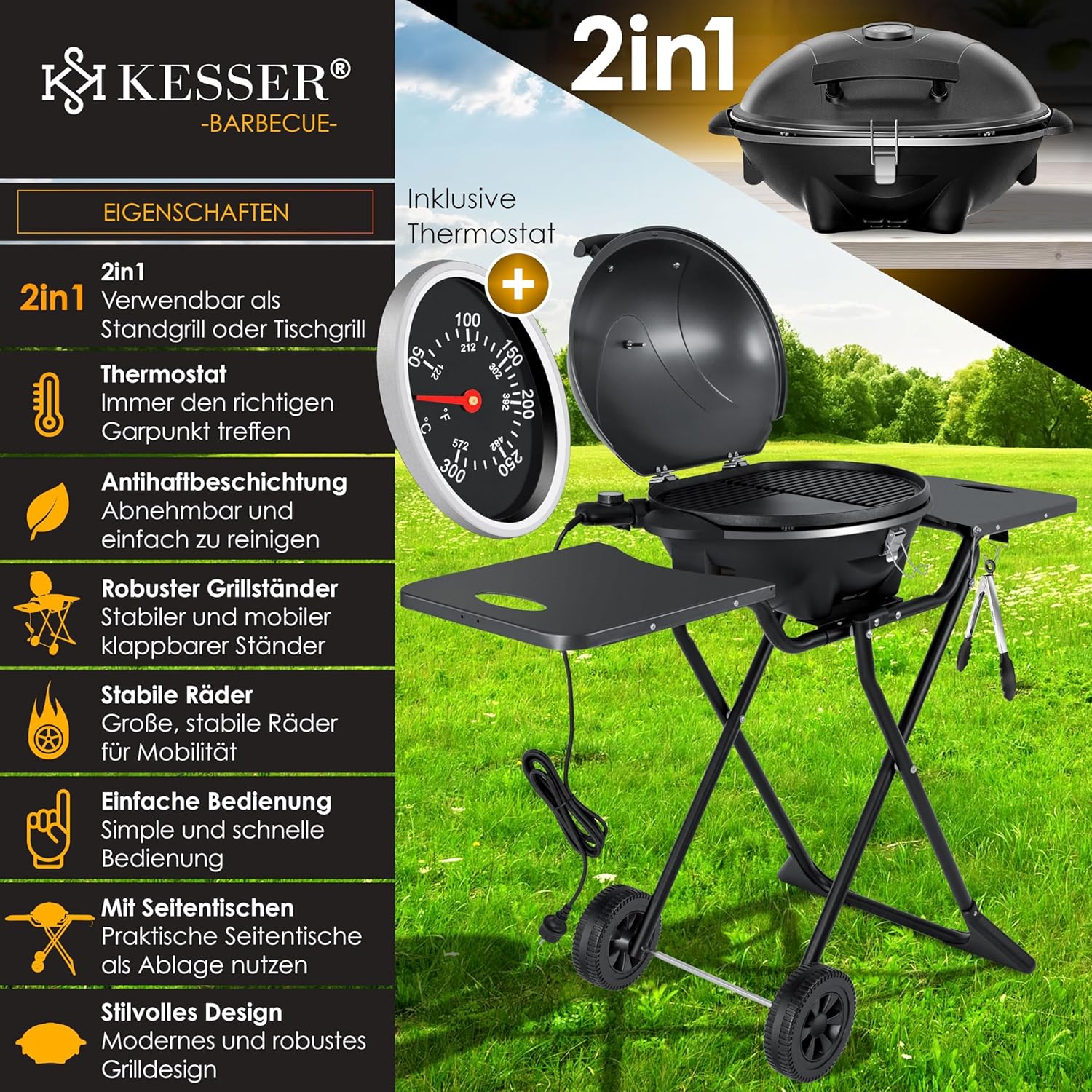 KESSER elektrischer Elektrogrill 2in1 Tischgrill - Standgrill mit Deckel und Standfuß | max. 2400 Watt | Faltbar | Thermostat | Antihaftbeschichtung | Grillplatte Abstelltische | 2 Räder |