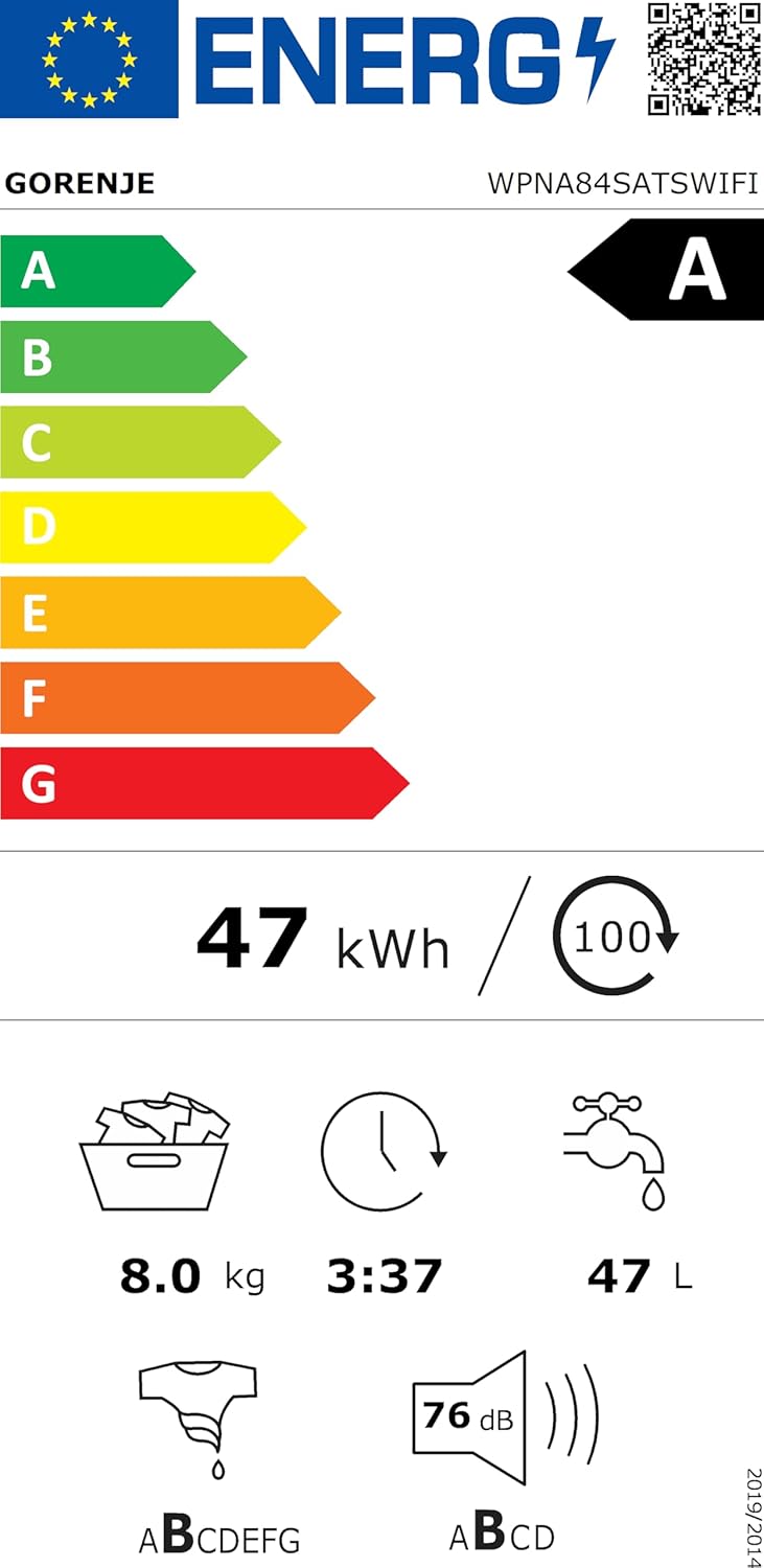 Gorenje WPNA 84 SATSWIFI Waschmaschine mit Dampffunktion / 8 kg / 1400 U/Slim Line/ConnectLife WiFi/Total AuaStop/Inverter PowerDrive Motor/Edelstahltrommel/Kindersicherung/EEK A