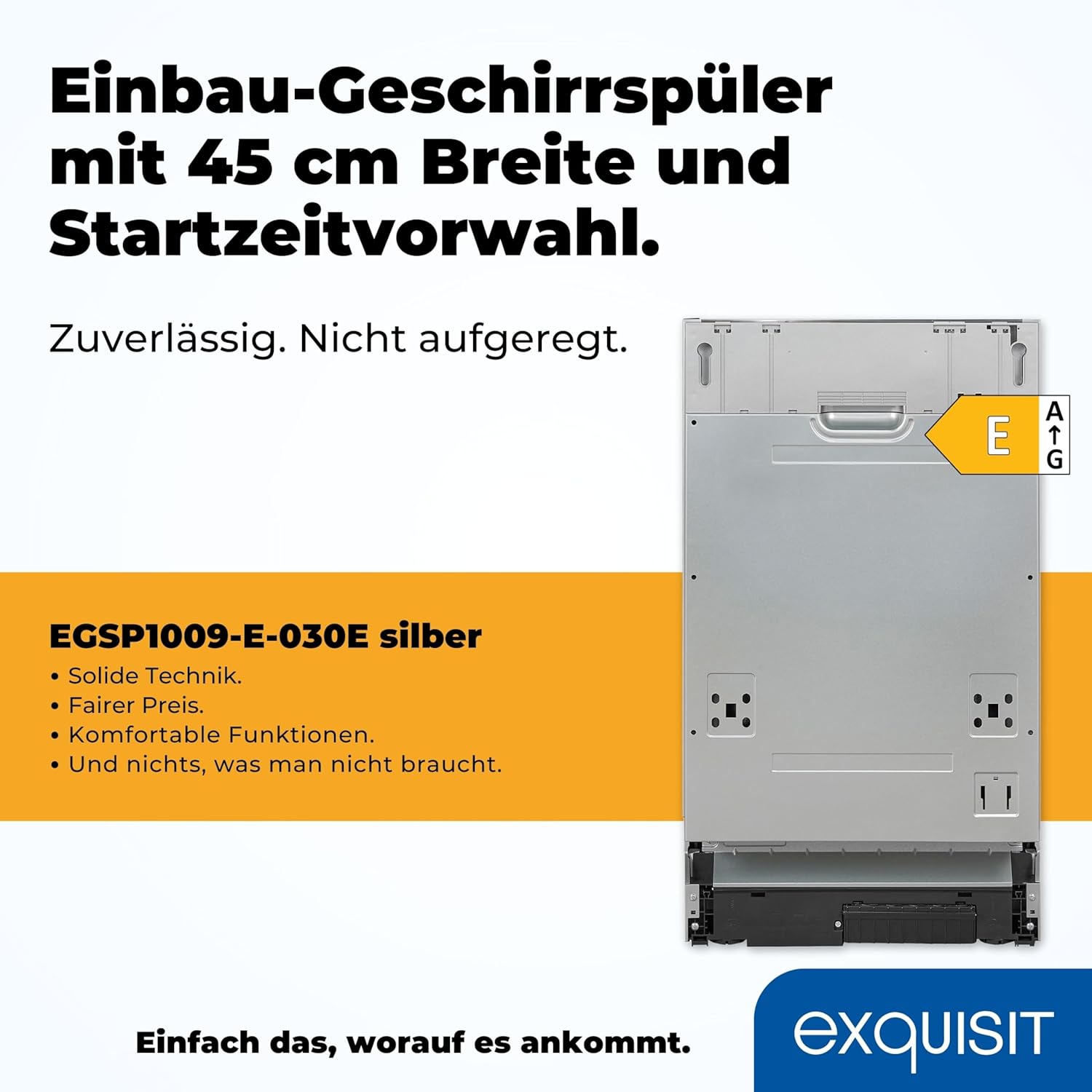 Exquisit Geschirrspüler, Spülmaschine, 45 cm Breite, Teilintegriert, 9 Maßgedecke, 9 Liter, Startzeitvorwahl, ECO-Modus, Geschirrspüler 45 cm, EGSP51009-EB-030E inox