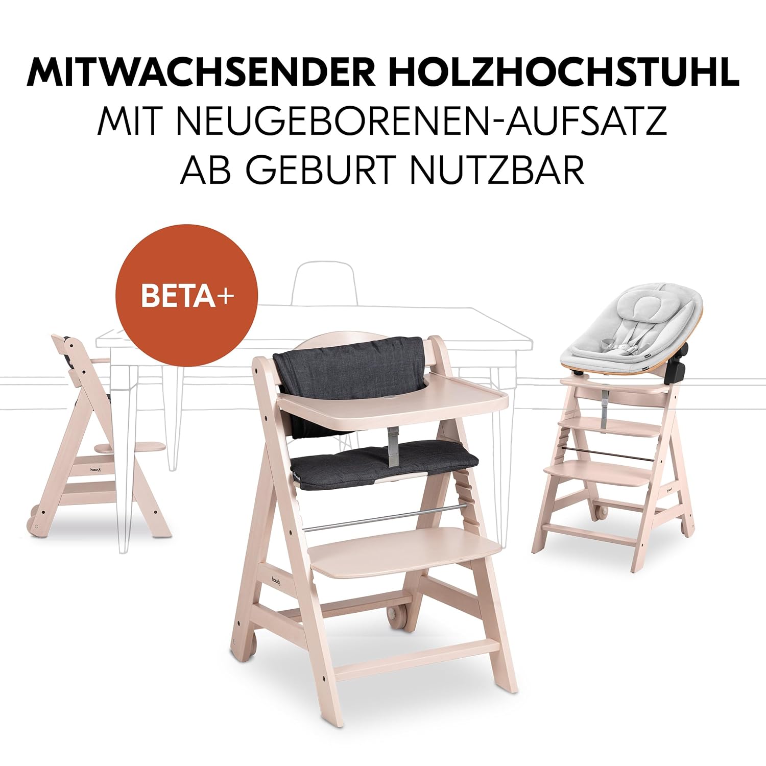 hauck Hochstuhl Beta+ Newborn Set Eco Bouncer - mitwachsender Holz Babyhochstuhl ab Geburt, inkl. Neugeborenenaufsatz, Sitzpolster und Essbrett - Dark Grey