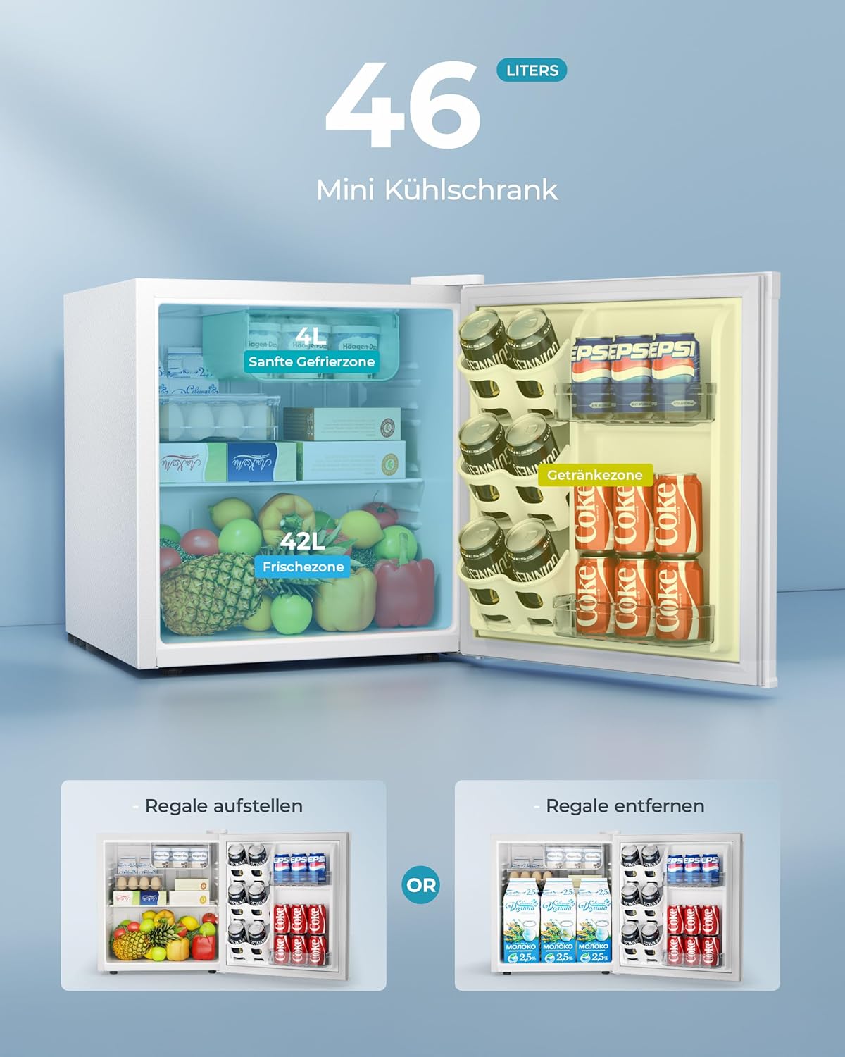 EUHOMY 46L Mini-Kühlschrank mit Umkehrbarer Tür, 7-Stufen Thermostat + Kühlbox, 39dB Ultra-Leise Kühlschrank klein für Schlafzimmer/Büro, Energieeffizient, Kompakt (Schwarz)