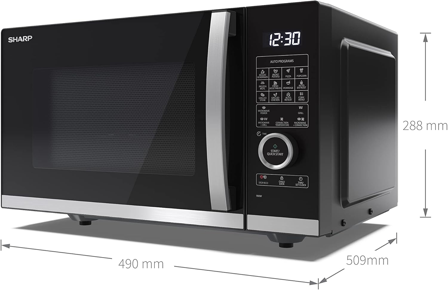 SHARP MG81ES Mikrowelle mit Grill (Mikrowelle: 900W, Grill: 1100W, 11 Leistungsstufen, Auftaufunktion, Abmessungen: 512x300x396cm, Emaille-Keramik-Garraum mit antibakteriellen Eigenschaften), silber