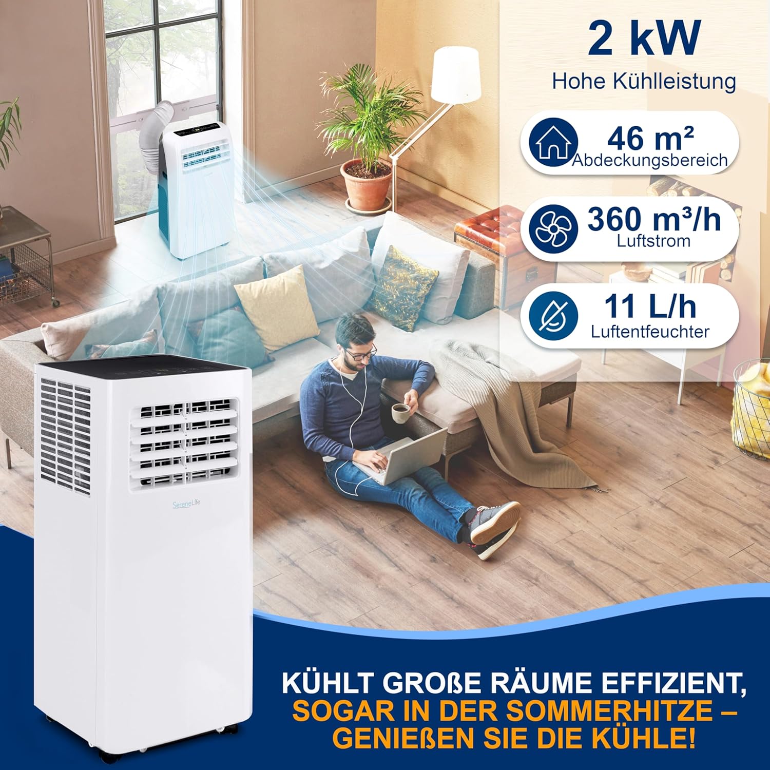 SereneLife 3-in-1 Mobile Klimaanlage mit Abluftschlauch – Klimagerät als Luftkühler, Ventilator & Luftentfeuchter– Mini Klimaanlage für Räume bis zu 28 m2 – Luftkühler für Zuhause & Büro 10,000 BTU