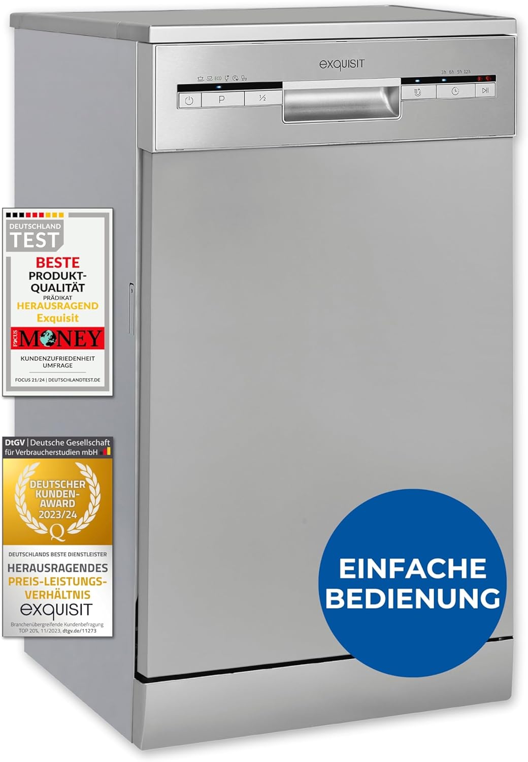 Exquisit Geschirrspüler, 9 Maßgedecke, Spülmaschine 45 cm, Power+, ECO-Modus, Geschirrspüler 45 cm, GSP59109-030E silber
