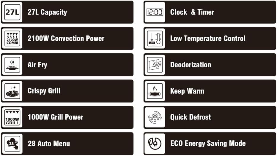 Sharp RCA271TB 5-in-1 Airfry-Mikrowelle 900W, Grill 1000 W, Heißluft & AirFry-Funktion, Konvektion 2100W, 27 L, 28 Autom.pr., Gewicht und zeitgesteuertes Auftauen, Schwarz