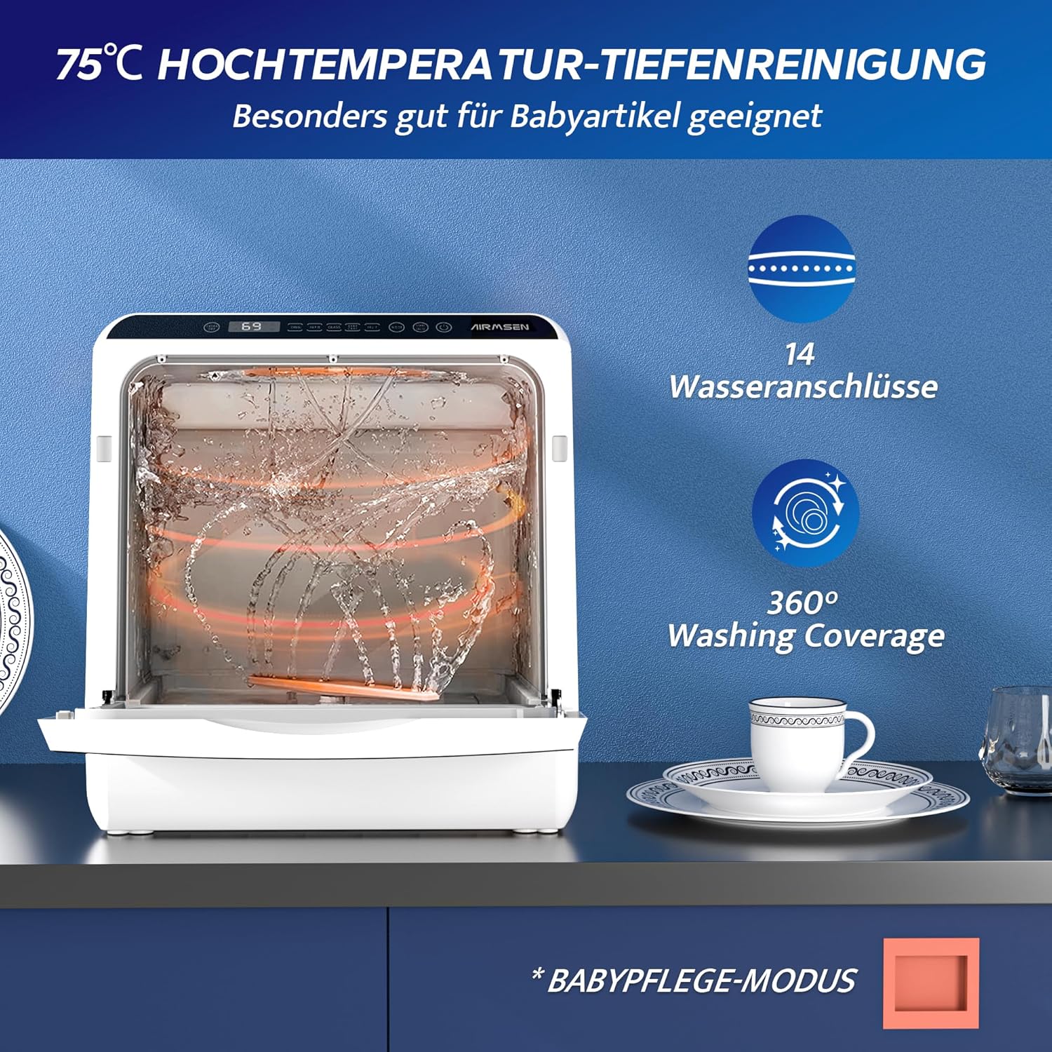AIRMSEN Mini Geschirrspüler Tischgeschirrspüler mit 5+1 Programme 5L Wassertank, 2 Wege Wasserversorgung, Touch Control & LED-Display, Geeignet für Hausküchen, Wohnungen, Schlafsäle, Weiß & Schwarz