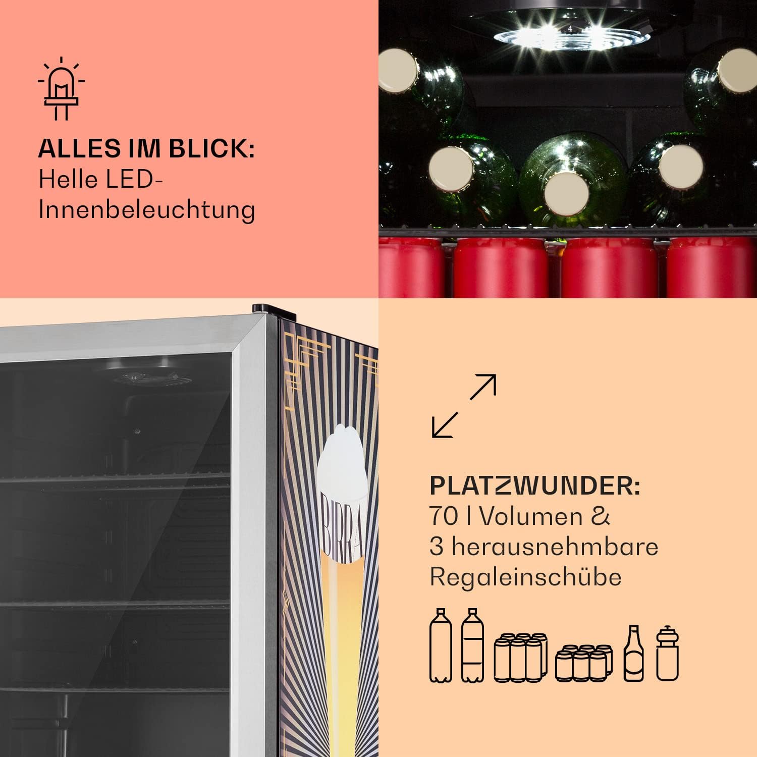 Klarstein Kühlschrank 70L, Kleiner Kühlschrank mit Herausnehmbaren Ablagen, Leiser Mini Kühlschrank mit Glastür & LED, Getränkekühlschrank Klein, Outdoor Geeignet, Biersafe für Flaschen, 0-10°C