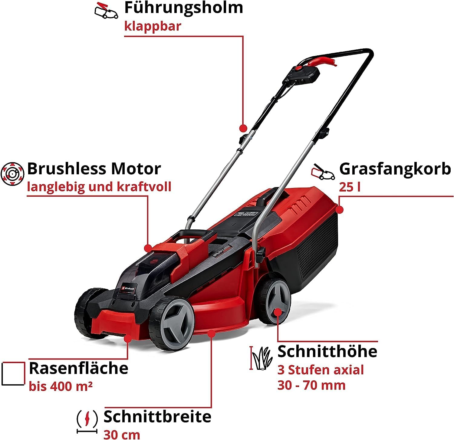 Einhell City Akku-Rasenmher GE-CM 18/30 Li Kit Power X-Change (18 V, 30 cm Schnittbreite, bis 150 m, Brushless, 25L Fangkorb, 30-70 mm Schnitthhe, inkl. 3,0 Ah Akku + Ladegert)