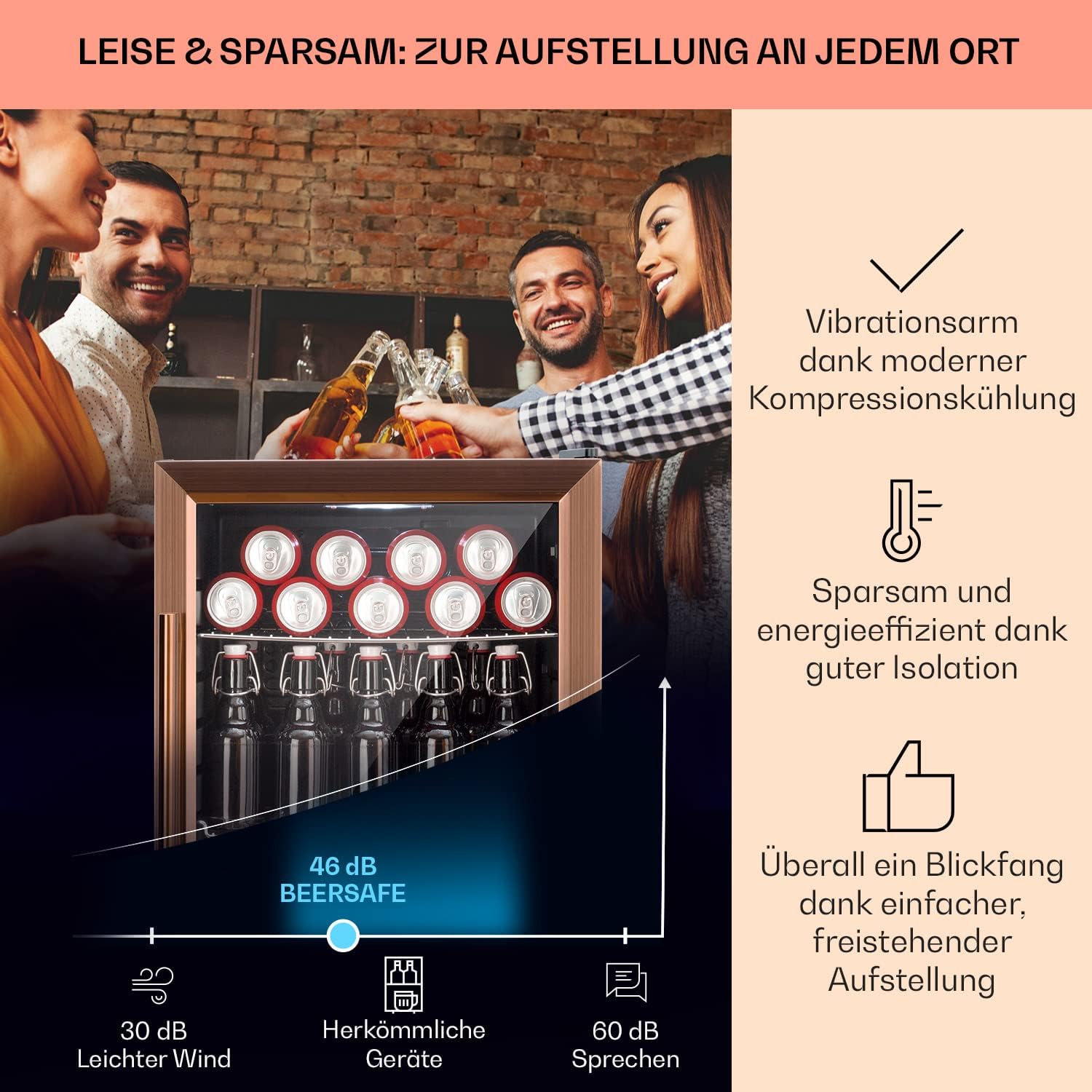 Klarstein Mini Kühlschrank mit Glastür für Zimmer, Getrnkekühlschrank mit Verstellbaren Ablagen, Kleiner 80 Liter, Indoor/Outdoor Kühlschrank Leise