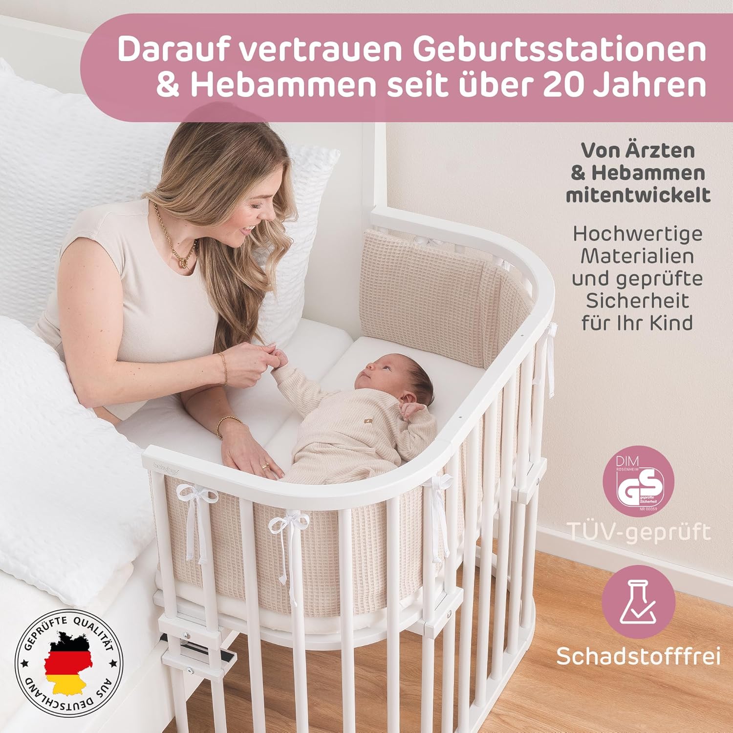babybay Original Beistellbett aus massivem Buchenholz / kompakt & verwandelbar / Kinderbett Höhe stufenlos verstellbar & umweltfreundlich / mitwachsendes Babybett (weiß lackiert) / inkl. Matratze
