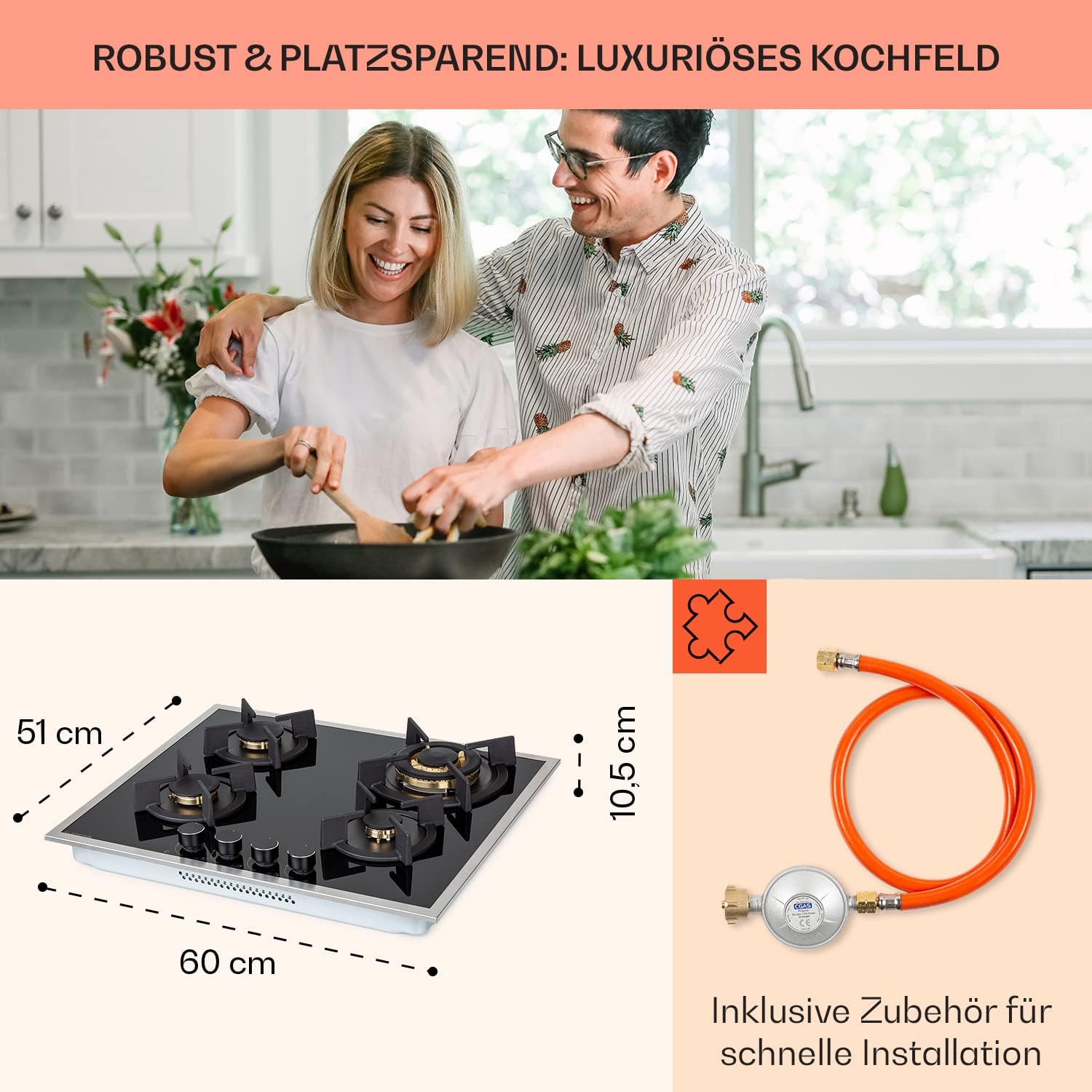 Klarstein Gasherd, Gaskochfeld 4 Flammig, Einbau-Gaskocher für Zuhause & Wohnmobil, Campingkocher mit Glasplatte, Gasherd für Propan- und Erdgas, Edelstahl Gas-Herdplatte Wok Brenner 8000 Watt