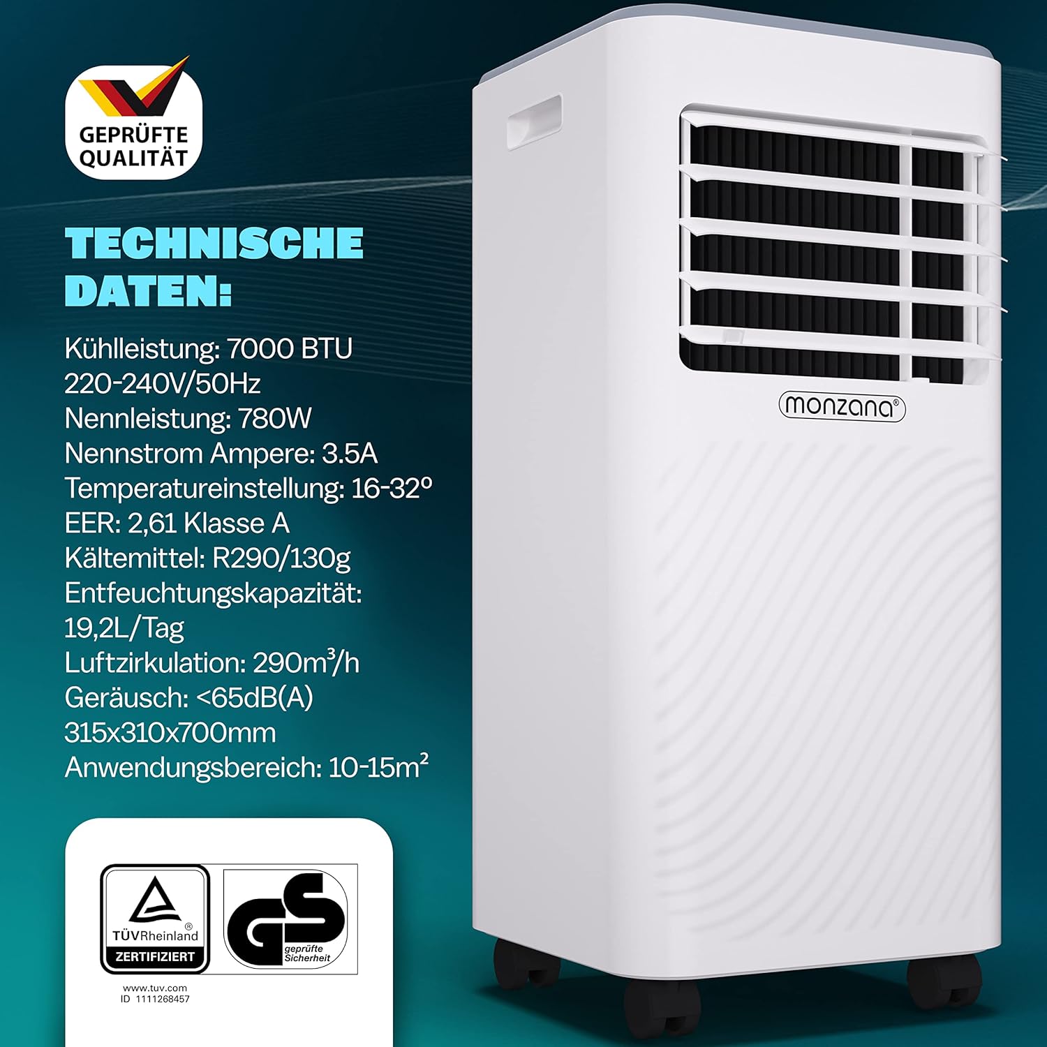 Monzana® lokale Klimaanlage MZKA2000 Mobil Abluftschlauch 7000BTU 3in1 750W 24h Timer 25qm Fernbedienung Luftentfeuchter Rollladenkit Klimagerät