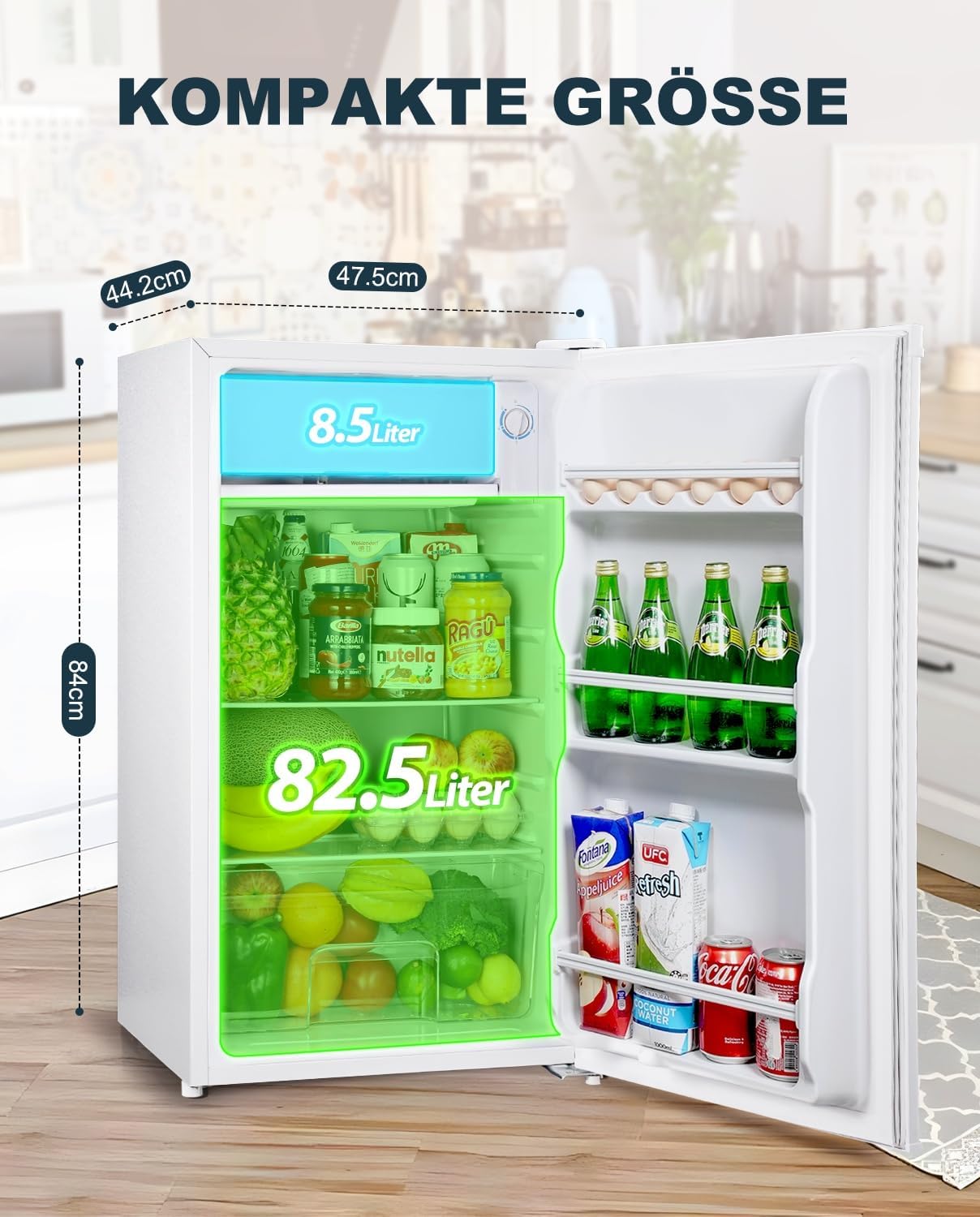 Upstreman 91L Kühlschrank mit Gefrierfach,Kleiner Kühlschrank mit Gemüsefach und Gefrierfach, Einstellbarem Thermostat, Mini-Kühlschrank für Wohnheim, Büro, Schlafzimmer, Weiß-BR321