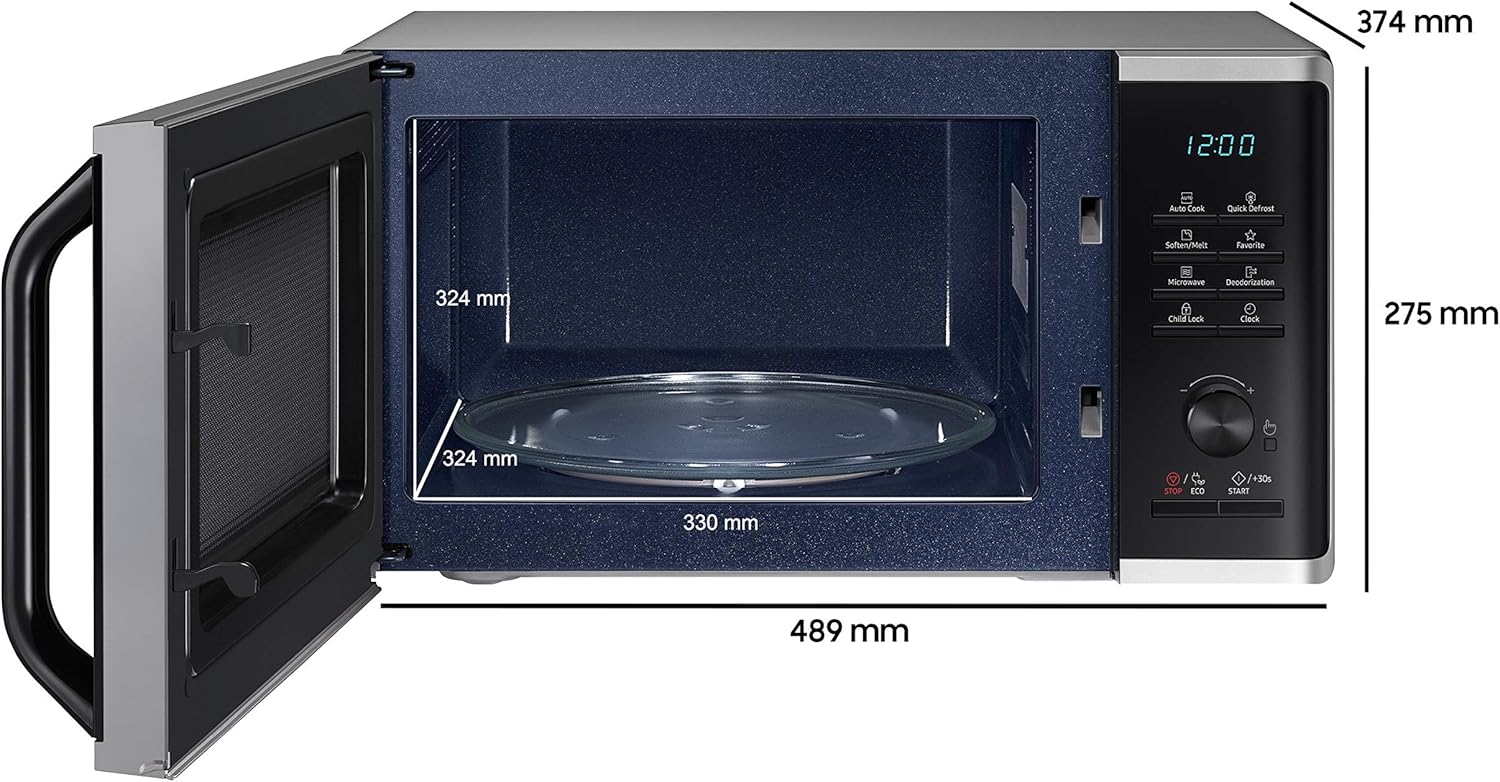 Samsung MS23K3515AS/EG Mikrowelle / 800 W / 23 L Garraum / 48,9 cm Breite / Kratzfester Keramik-Emaille-Inneraum / QuickDefrost Auftauprogramme / silber